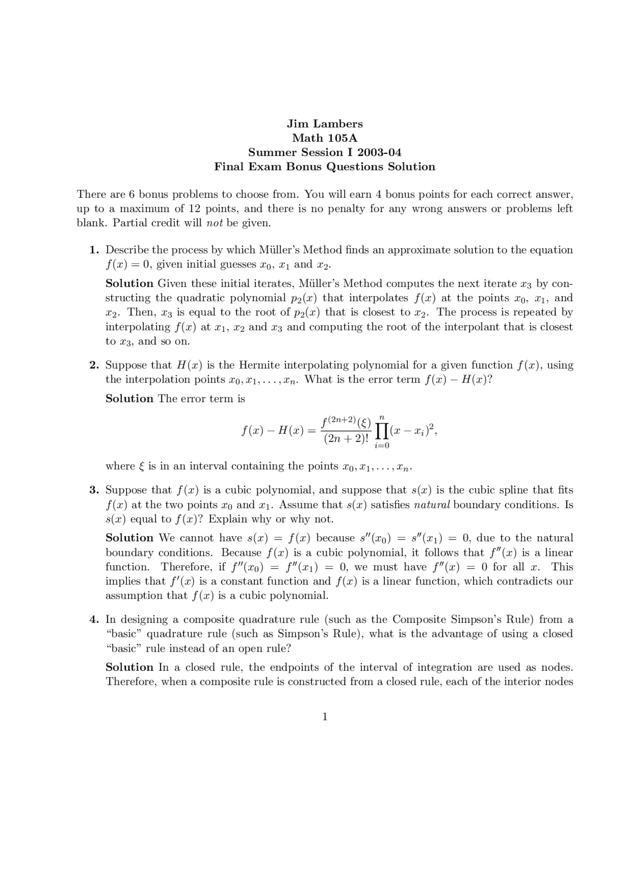 Final Exam Bonus Questions with Solutions - Numerical Analysis | Math ...