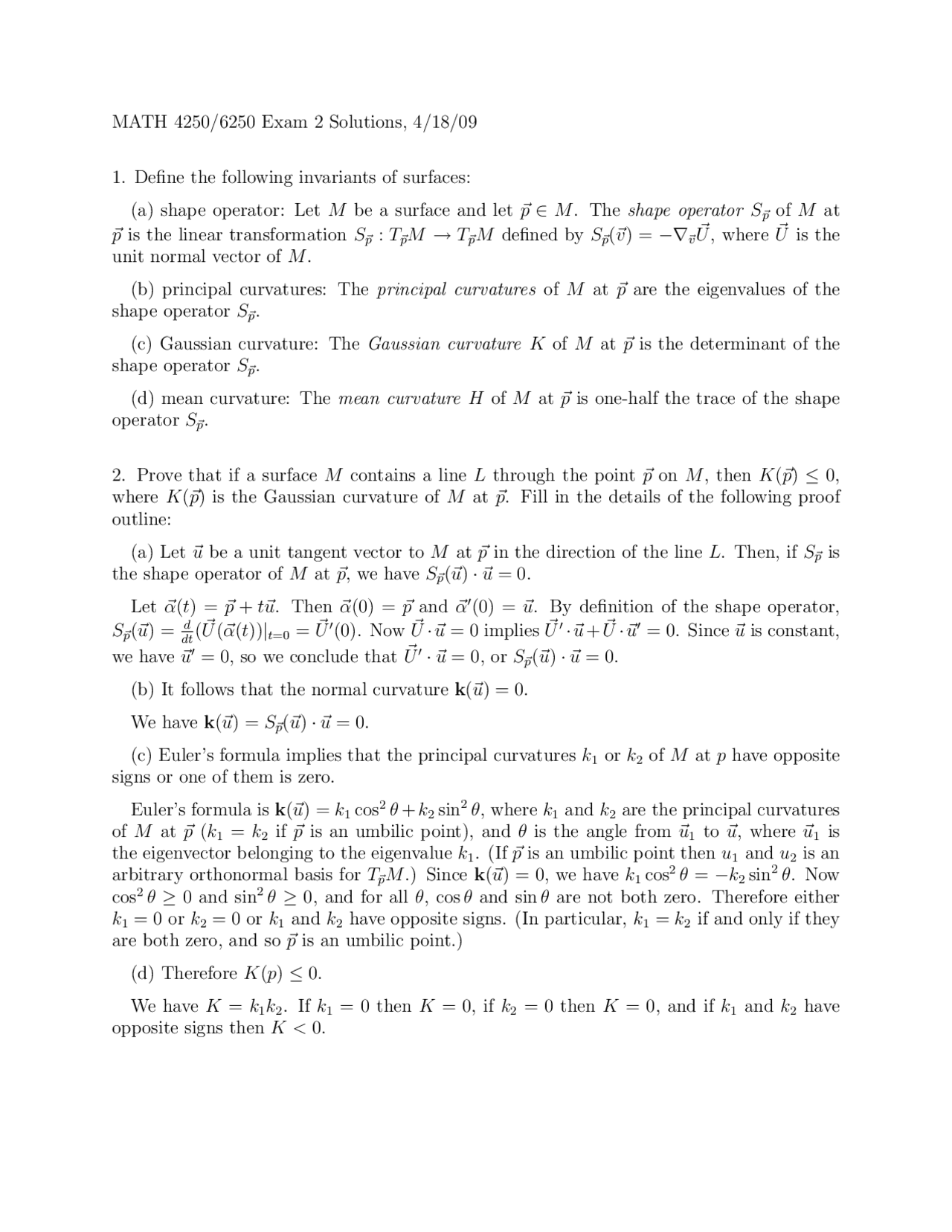 Exam 2 with Solution Differential Geometry | MATH 4250 - Docsity