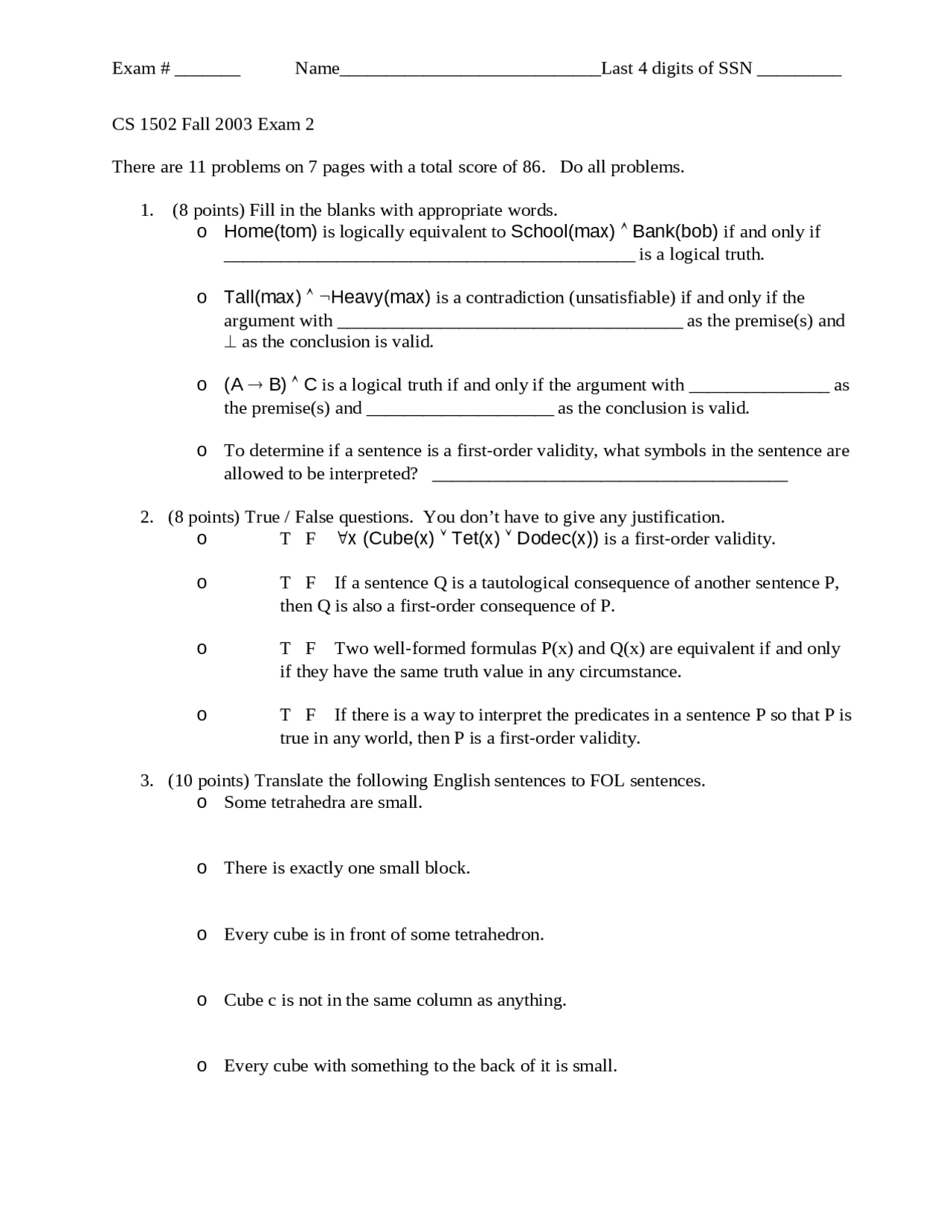 Exam 2 with Unsolved Problems - Formal Methods in Computer Science | CS ...