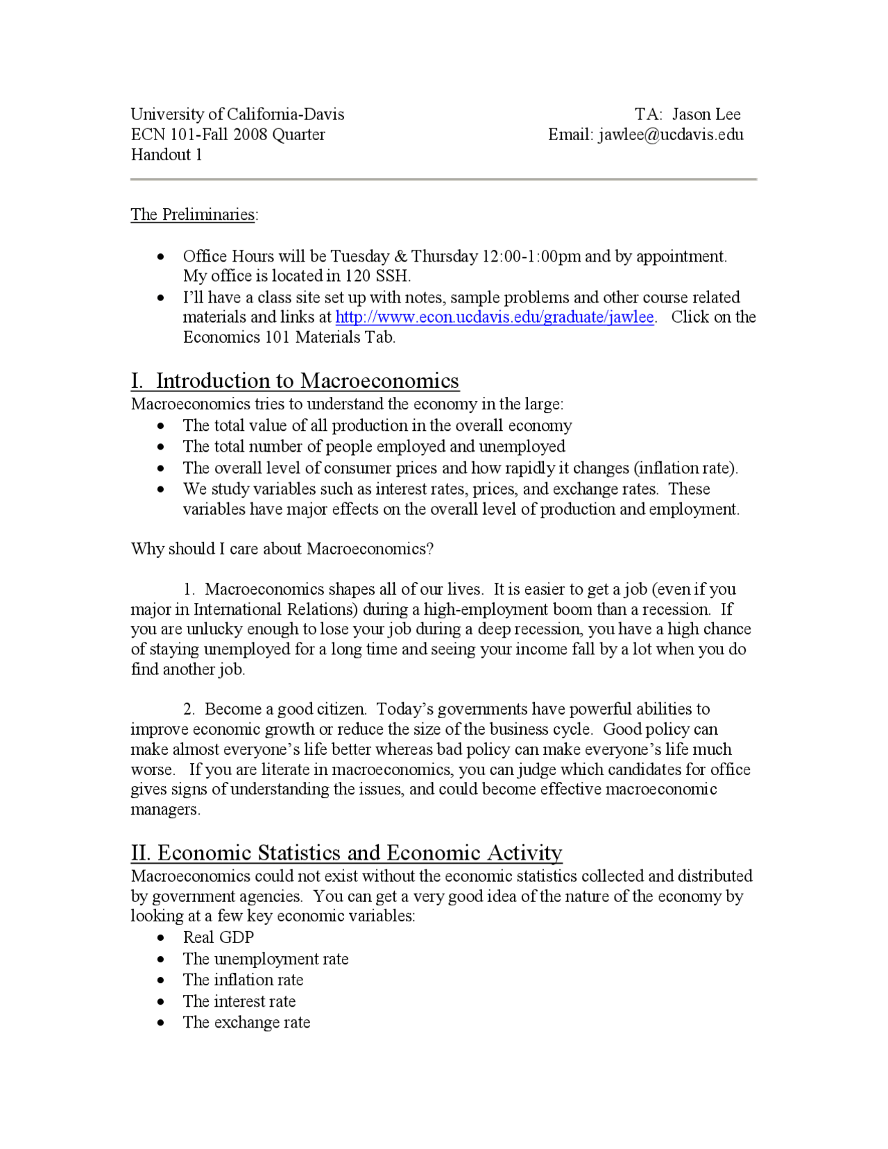 Introduction to Macroeconomics - Lecture Notes | ECN 101 - Docsity
