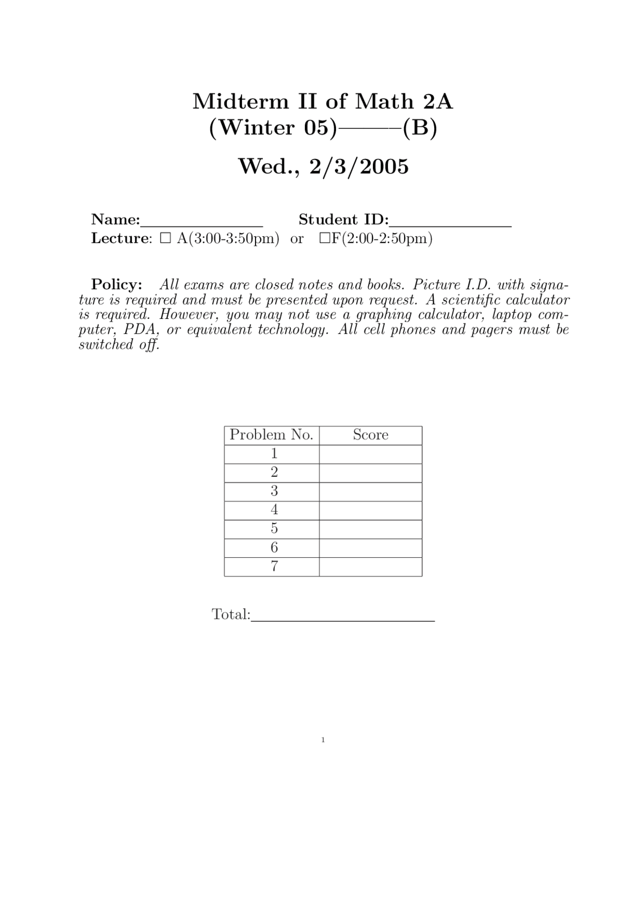 Midterm Exam 2A with Solutions for Calculus | Math 2A - Docsity