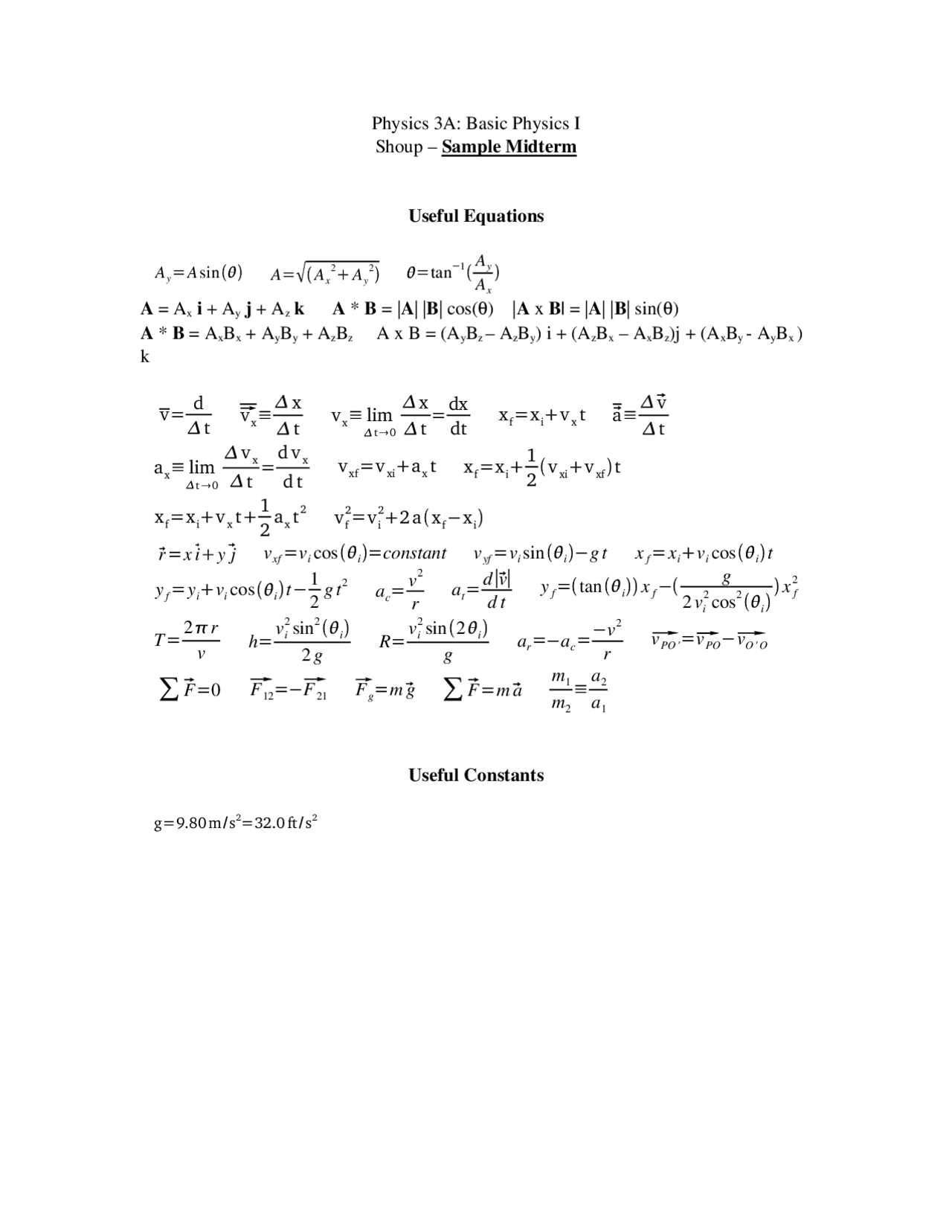 Sample Midterm | Basic Physics I | Physics 3 - Docsity