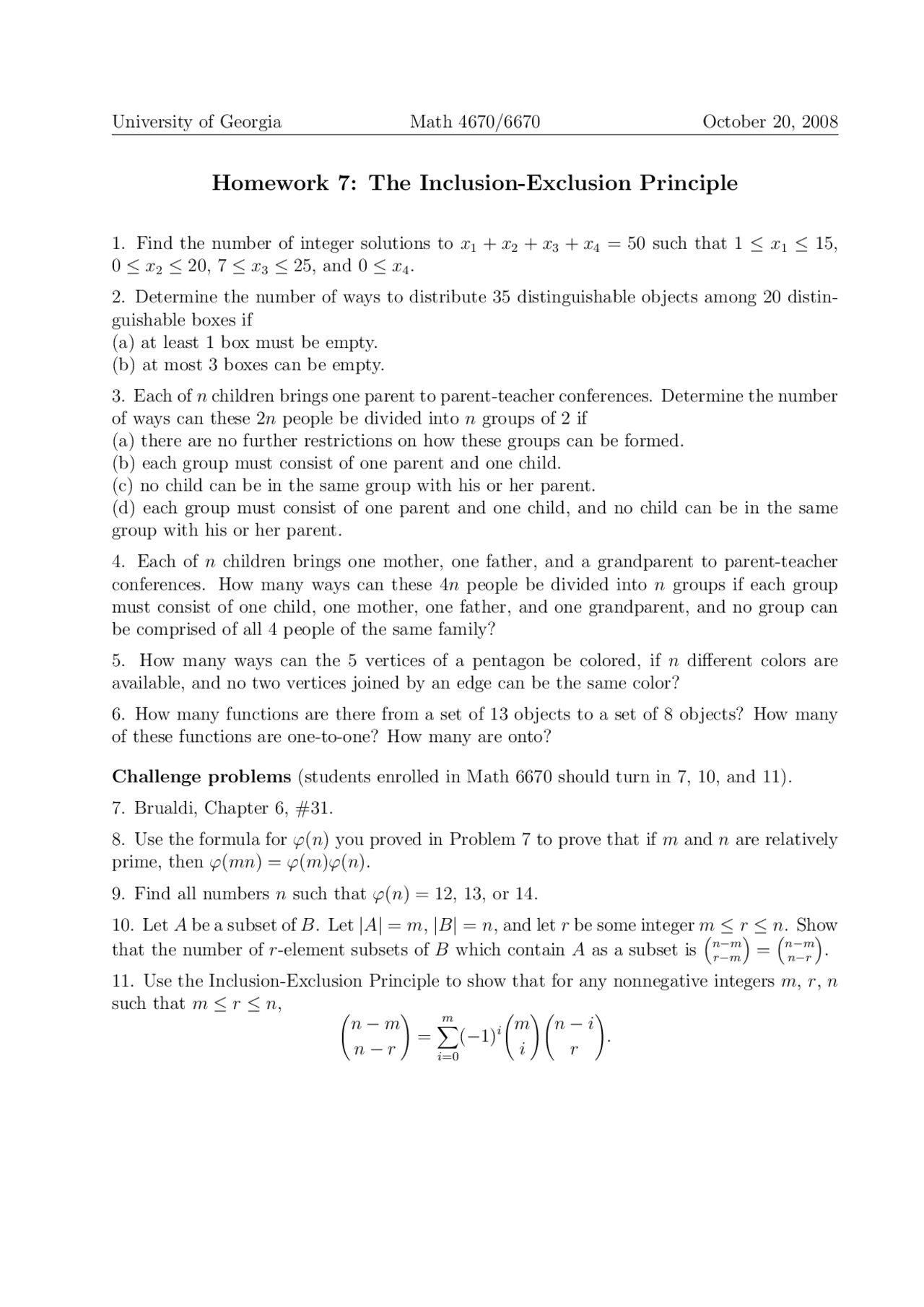 The Inclusion Exclusion Principles – Assignment 7 | MATH 4670 - Docsity