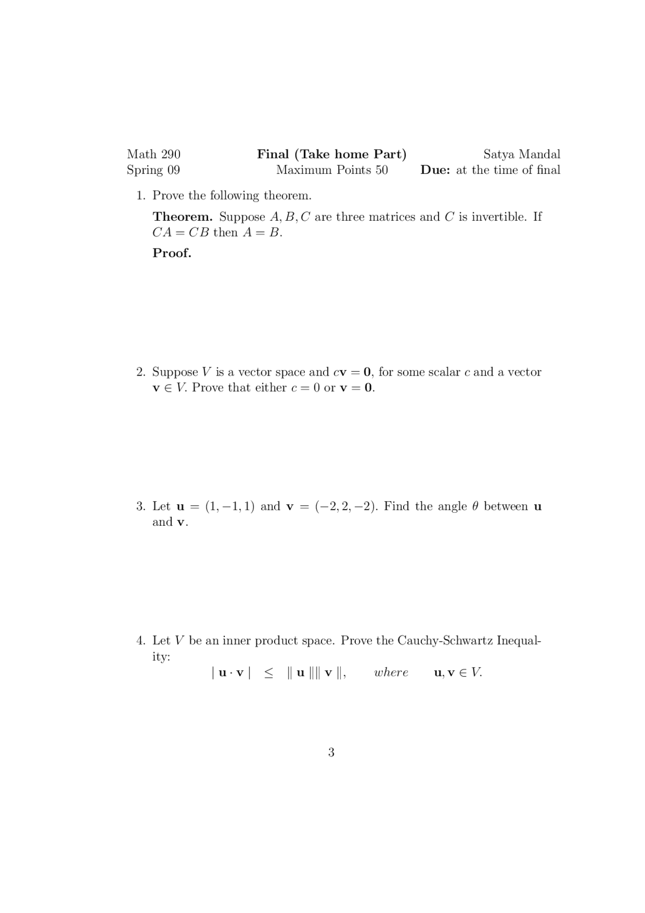 Final Take Home Exam - Elementary Linear Algebra | MATH 290 - Docsity