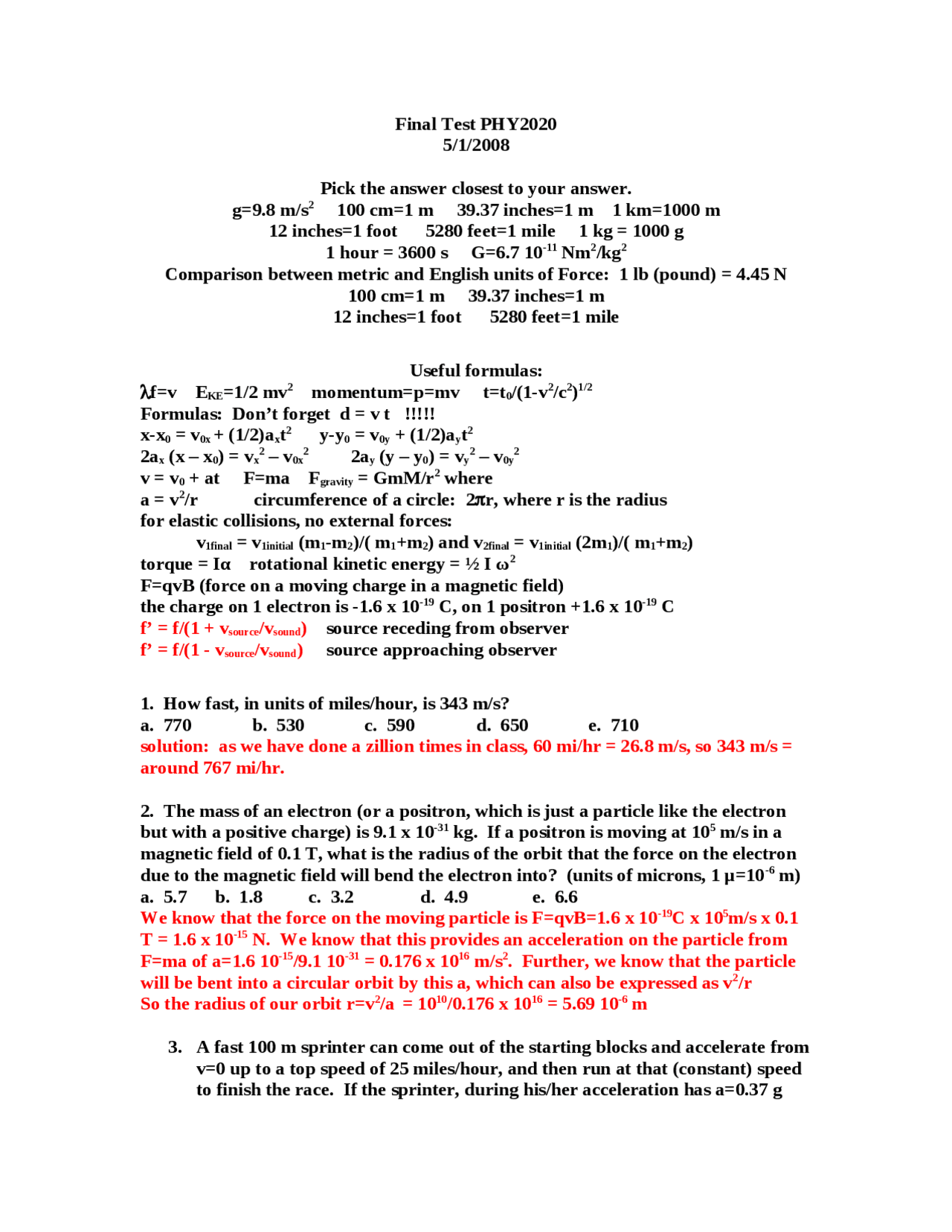 Multiple Choice Questions of Physics - Final Exam | PHY 2020 - Docsity