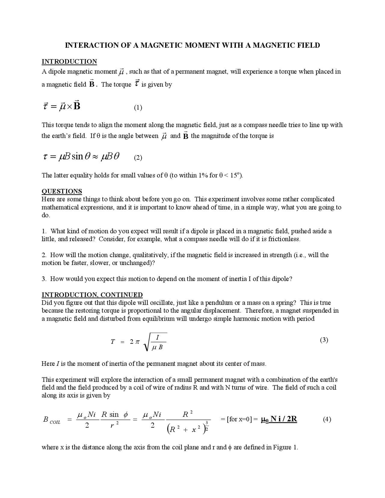 Interaction of a Moment with Field Lab 4 PH 106