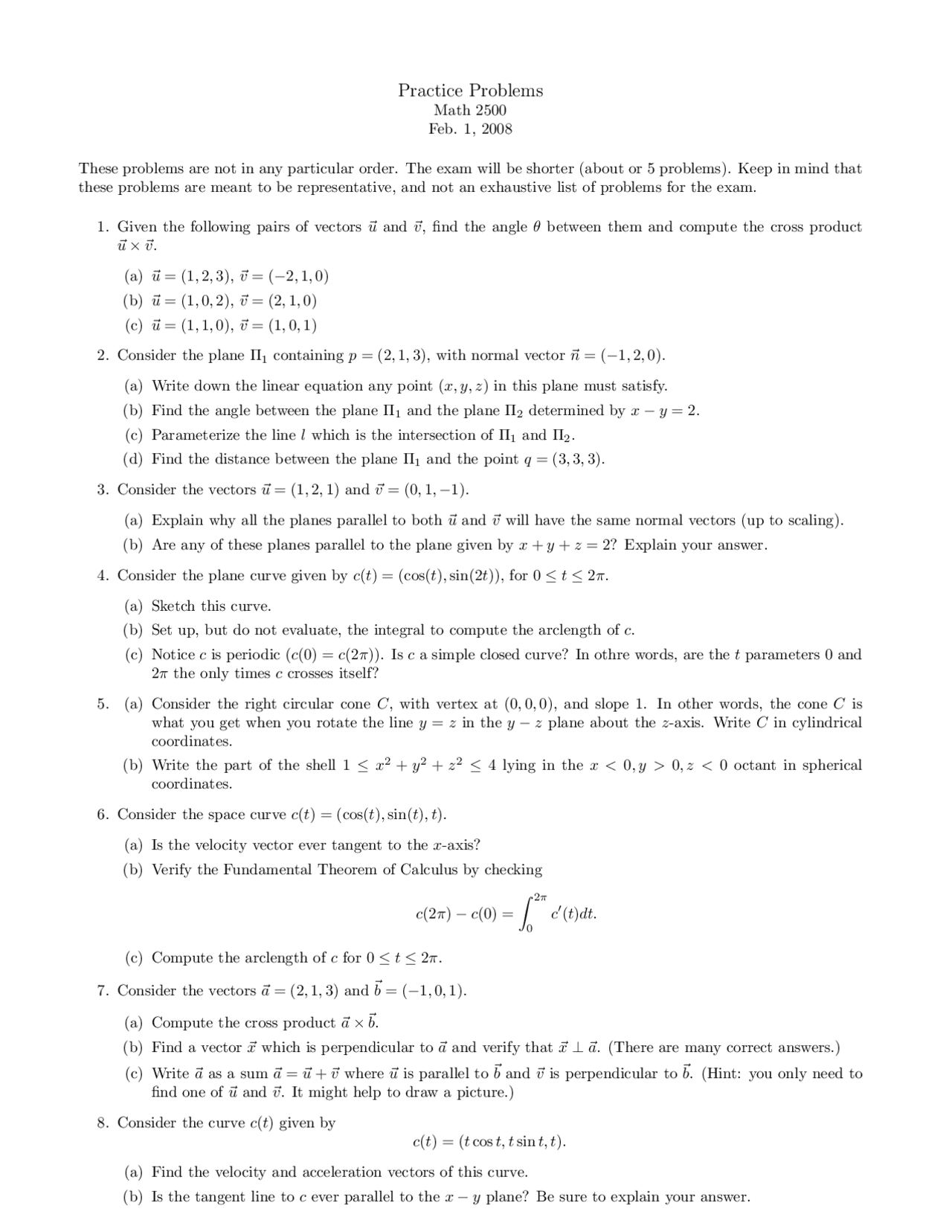 Practice Problems - Multivariable Calculus - Fall 2008 | MATH 2500 ...