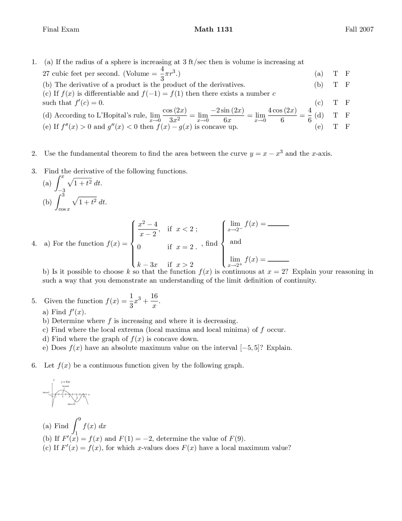 Math Exam Calculus Final Exam Paper - Calculus I - 12 questions | MATH 1131 | Exams ...
