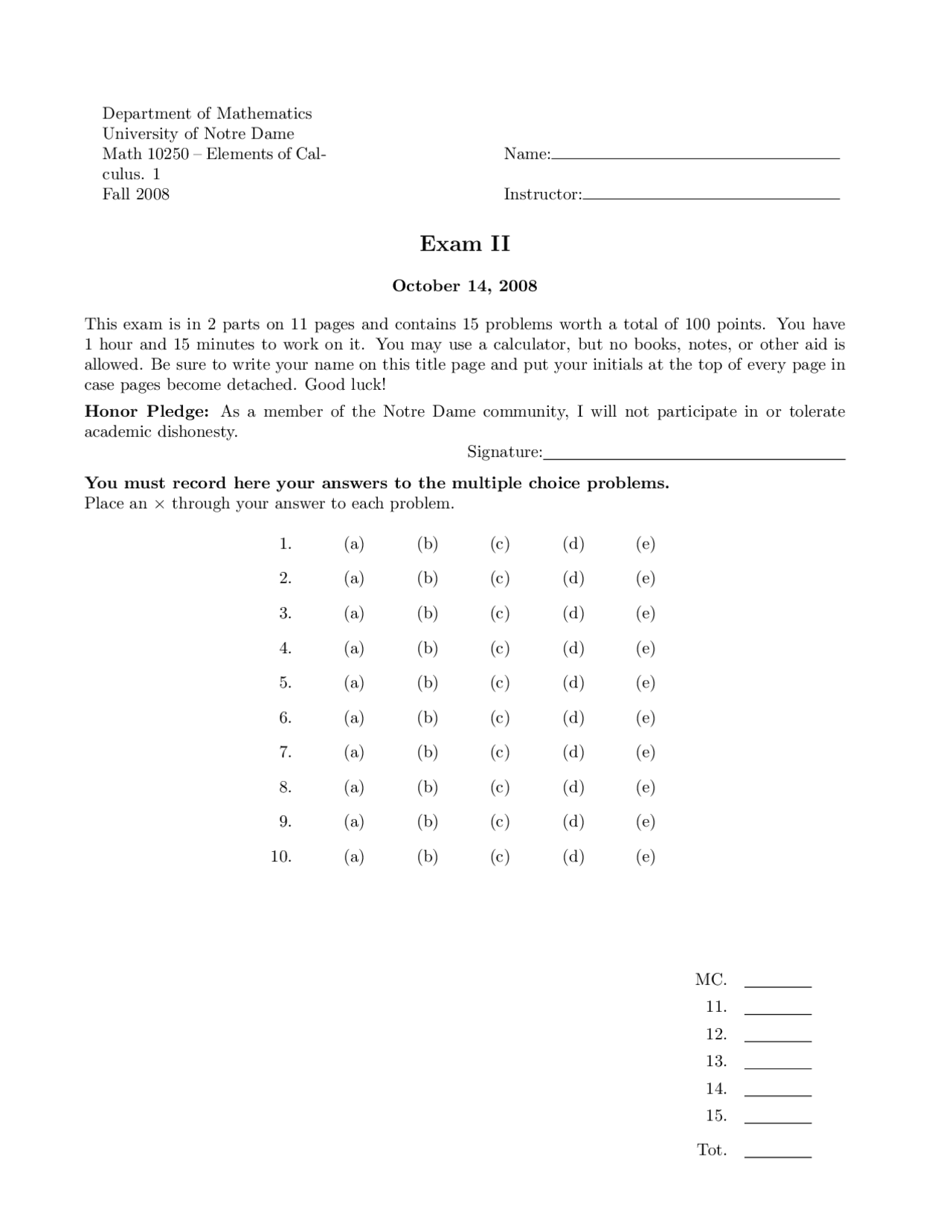 Exam 2 - Elements of Calculus I - Fall 2008 | MATH 10250 | Exams ...