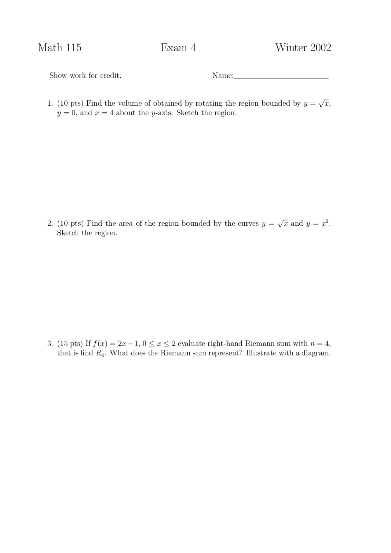 Math 115 Exam 4, Winter 2002 | Exams Calculus | Docsity