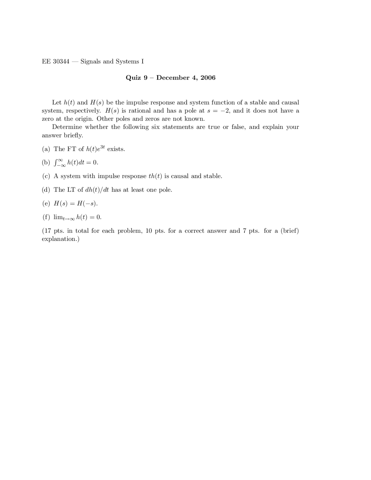 Practice Quiz 9 for Signals and Systems I | EE 30344 - Docsity