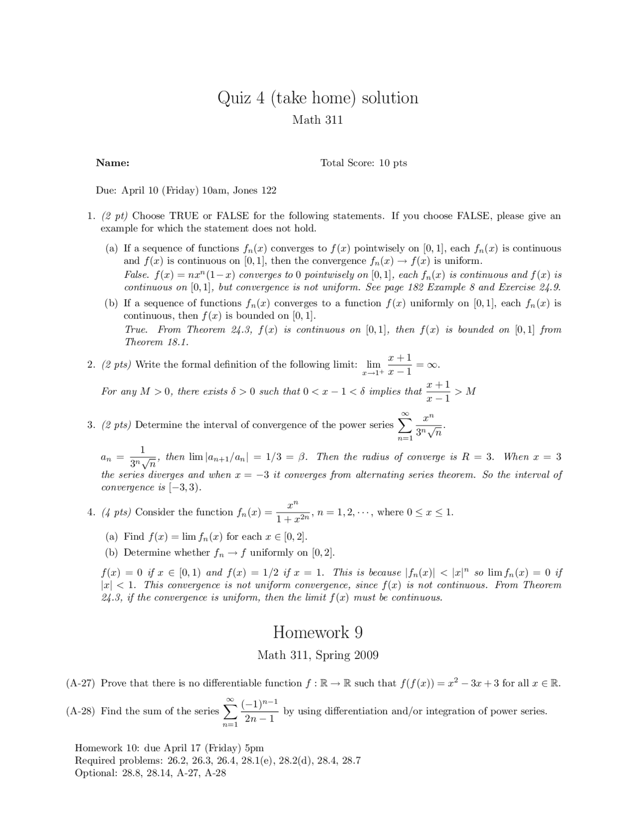 Quiz 4 Solutions for Elementary Analysis | MATH 311 - Docsity