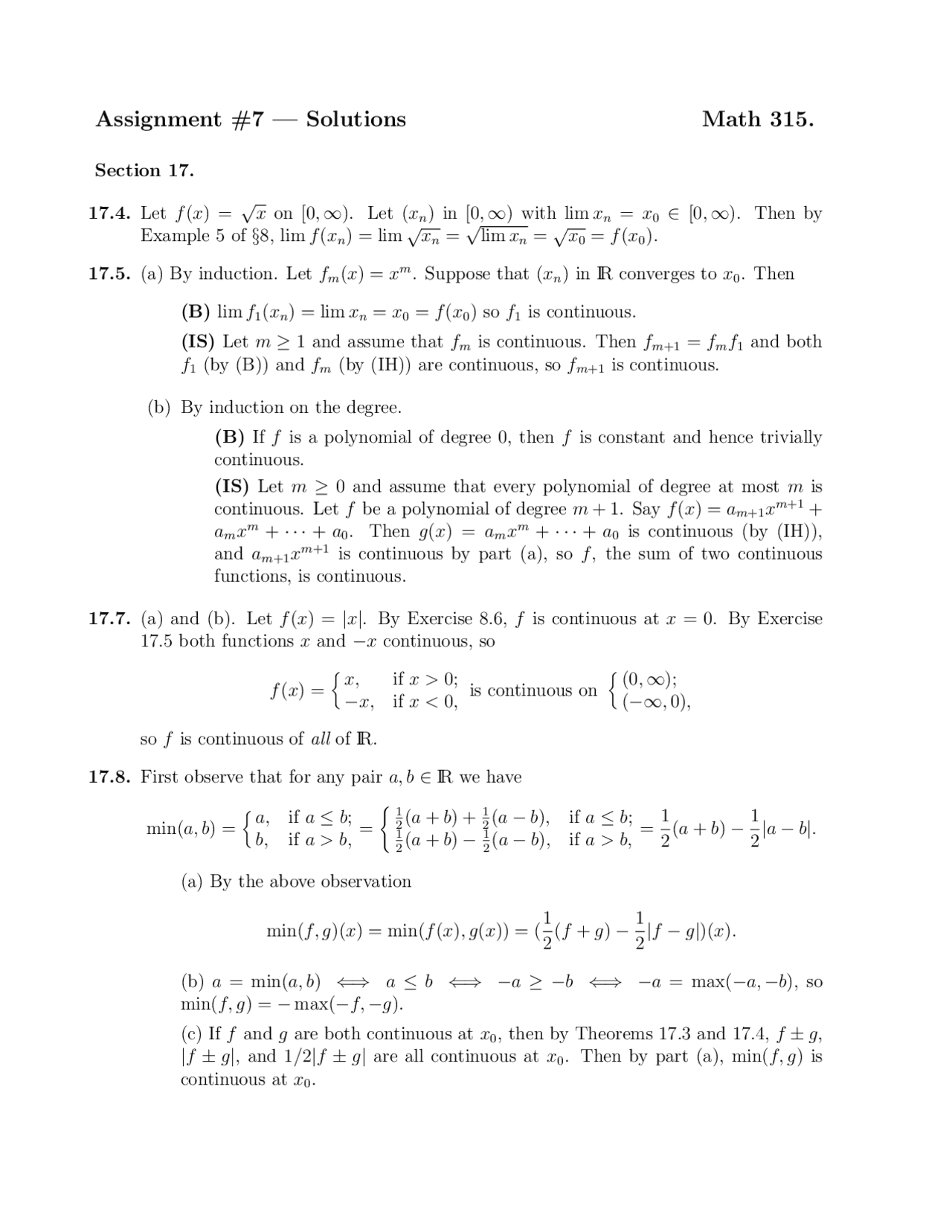 Assignment 7 Solutions | Elementary Analysis | MATH 315 - Docsity