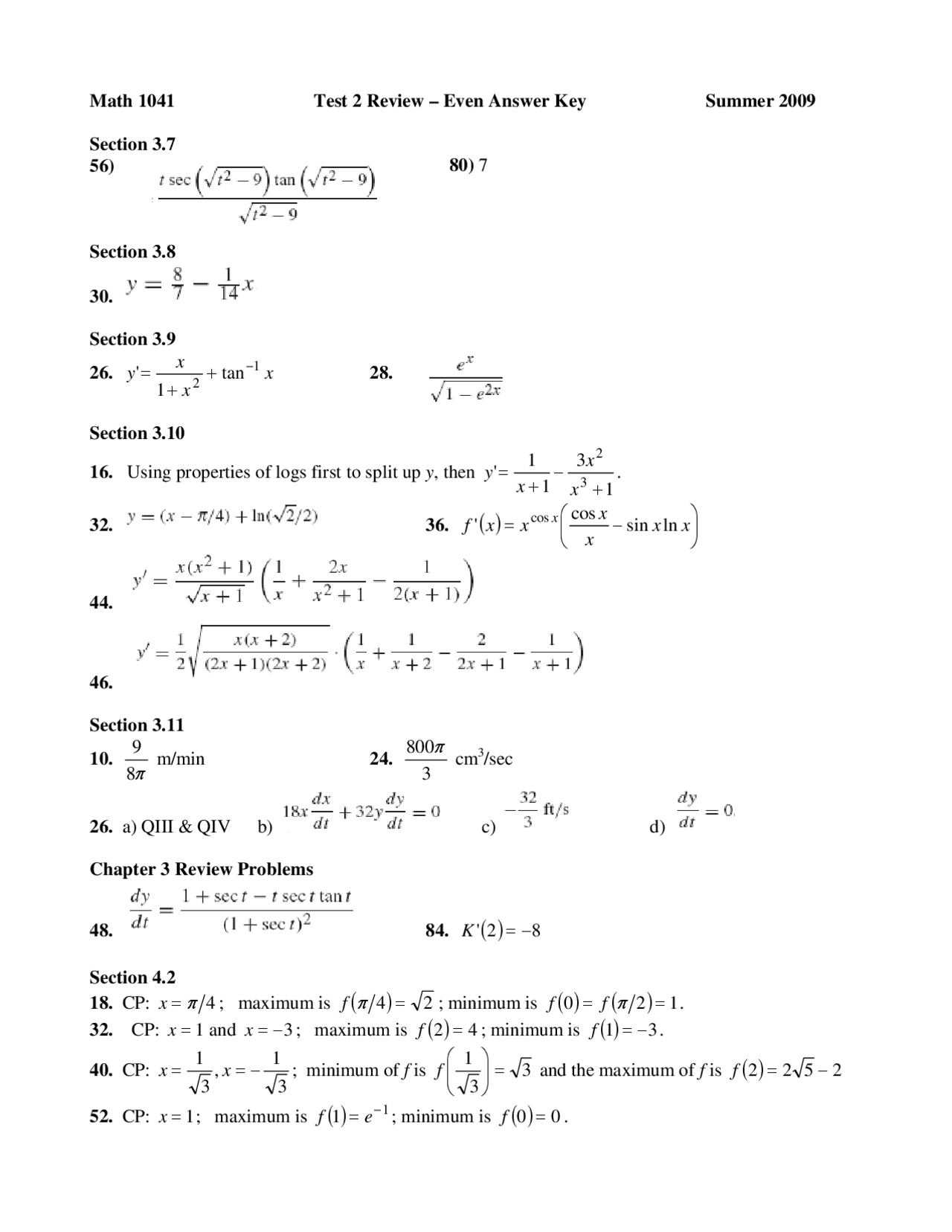 Exam 2 Solutions - Calculus I - Fall 2009 | MATH 1041 - Docsity