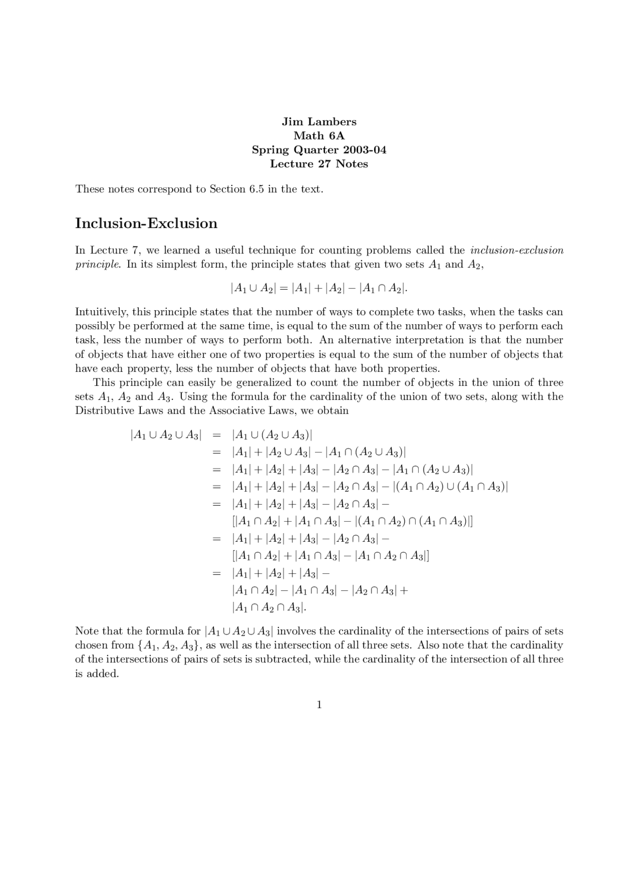 Inclusion Exclusion - Linear Algebra - Lecture Notes | Math 6 - Docsity