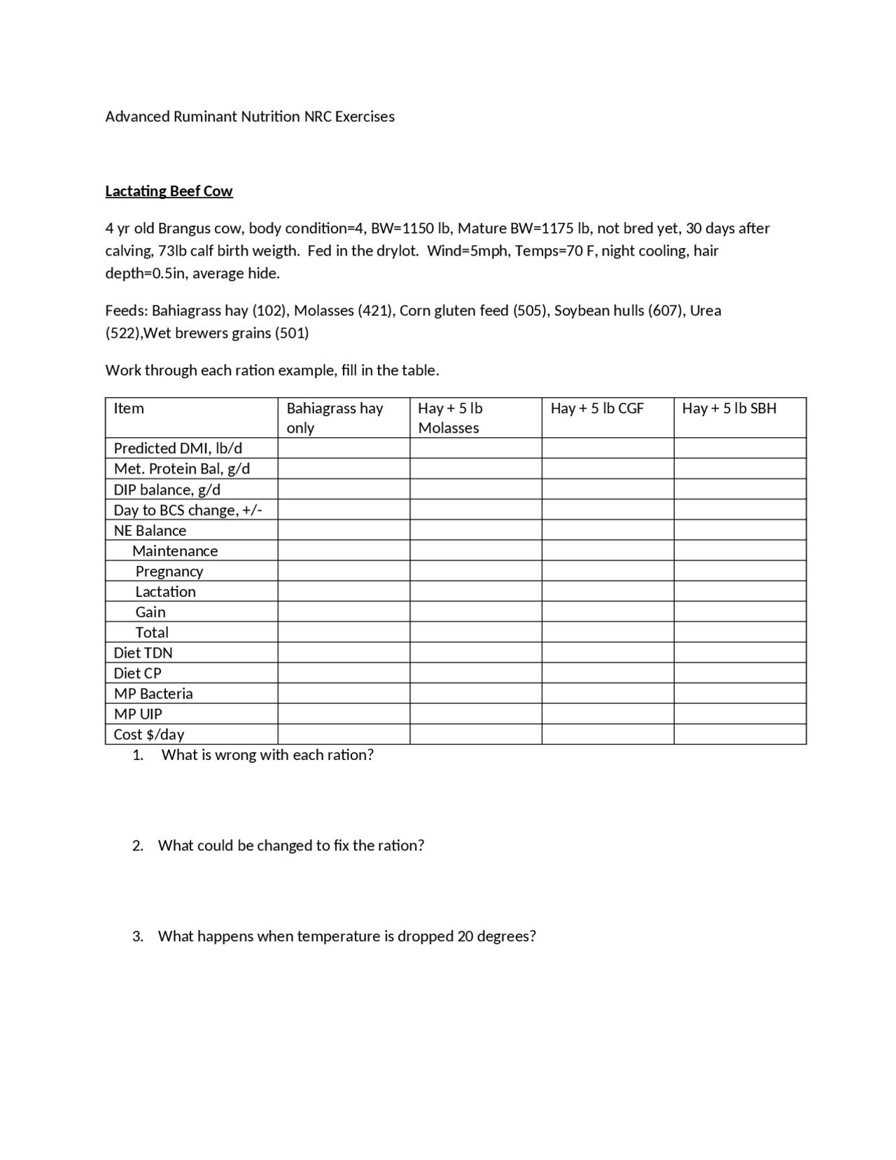 Advanced Ruminant Nutrition NRC Exercises | ANS 6932 - Docsity