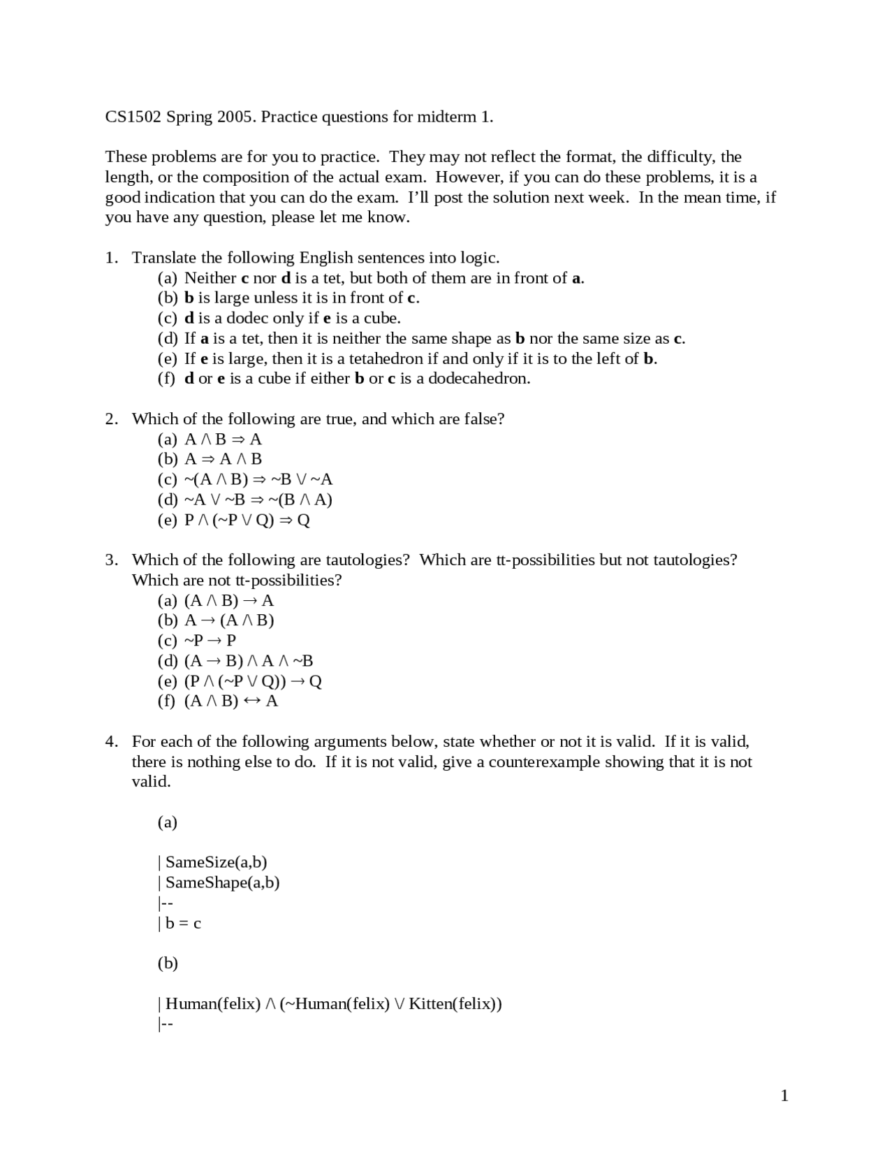 12 Questions on Formal Methods in Computer Science - Exam 1 | CS 1502 ...