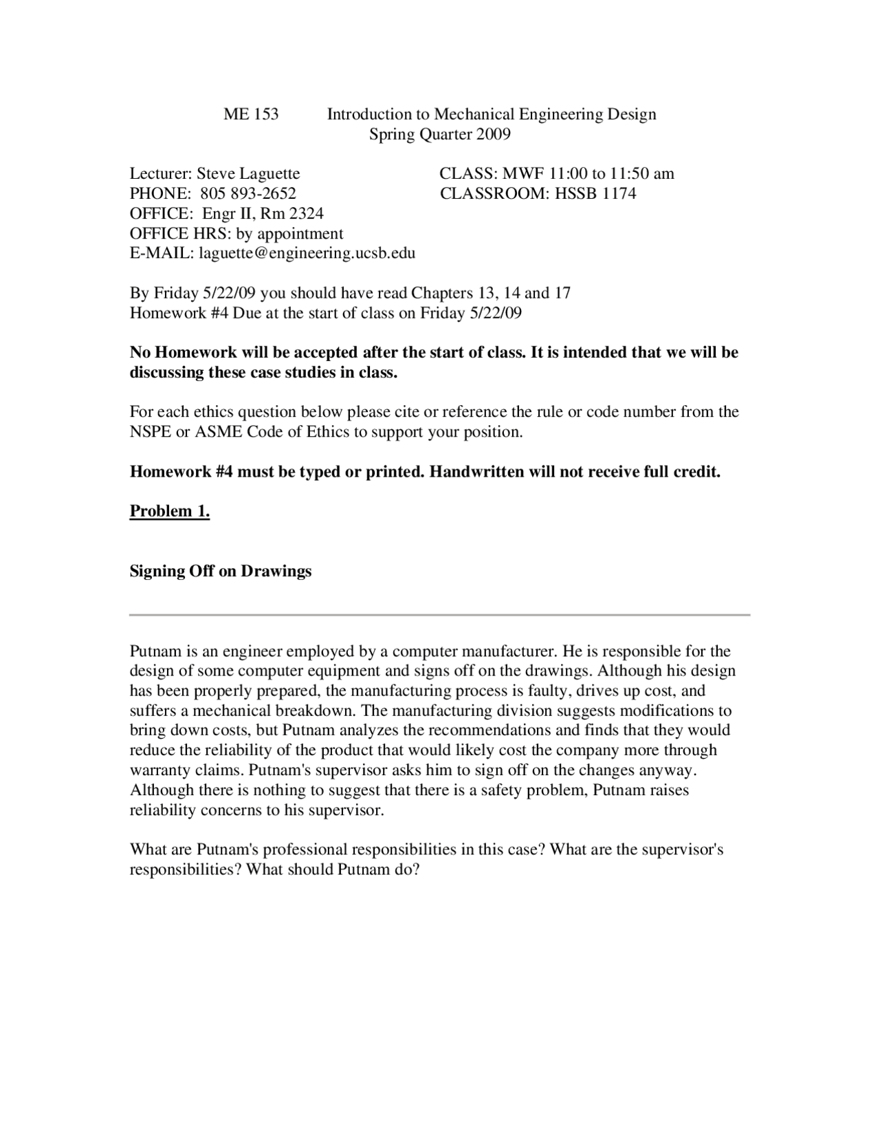 Assignment 4 Introduction To Mechanical Engineering Design ME 153