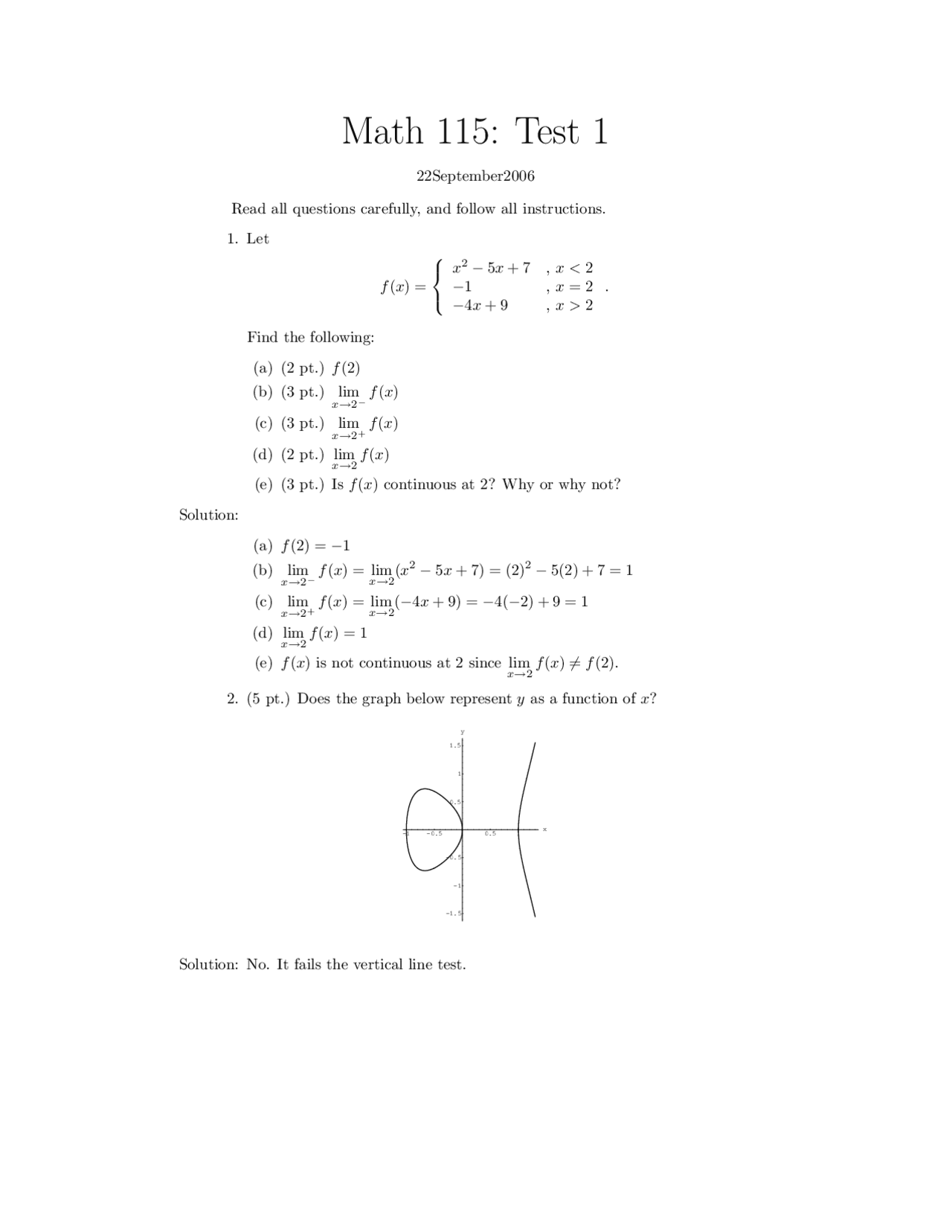 Test 1 with Solution - Calculus I | MATH 115 - Docsity