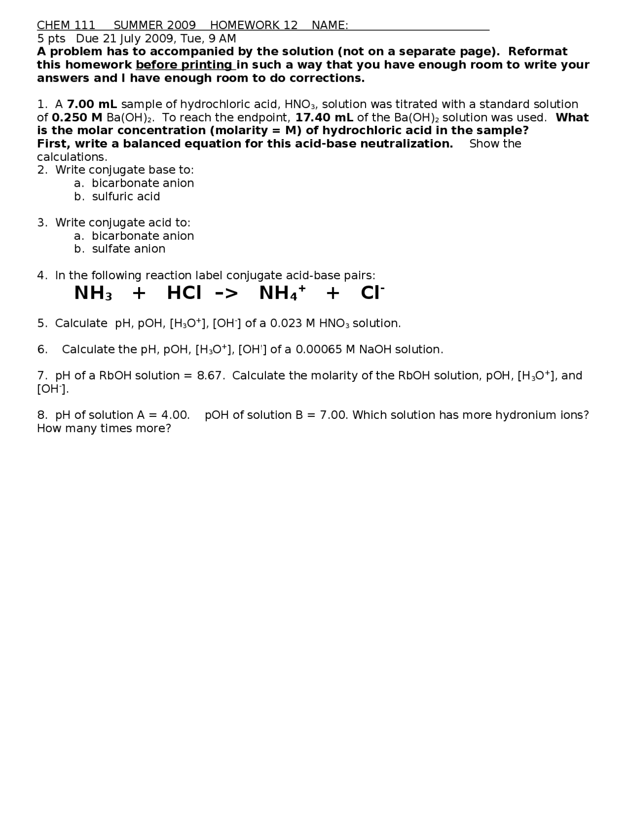 Practice Homework 12 - Elements of General Chemistry | CHEM 111 - Docsity