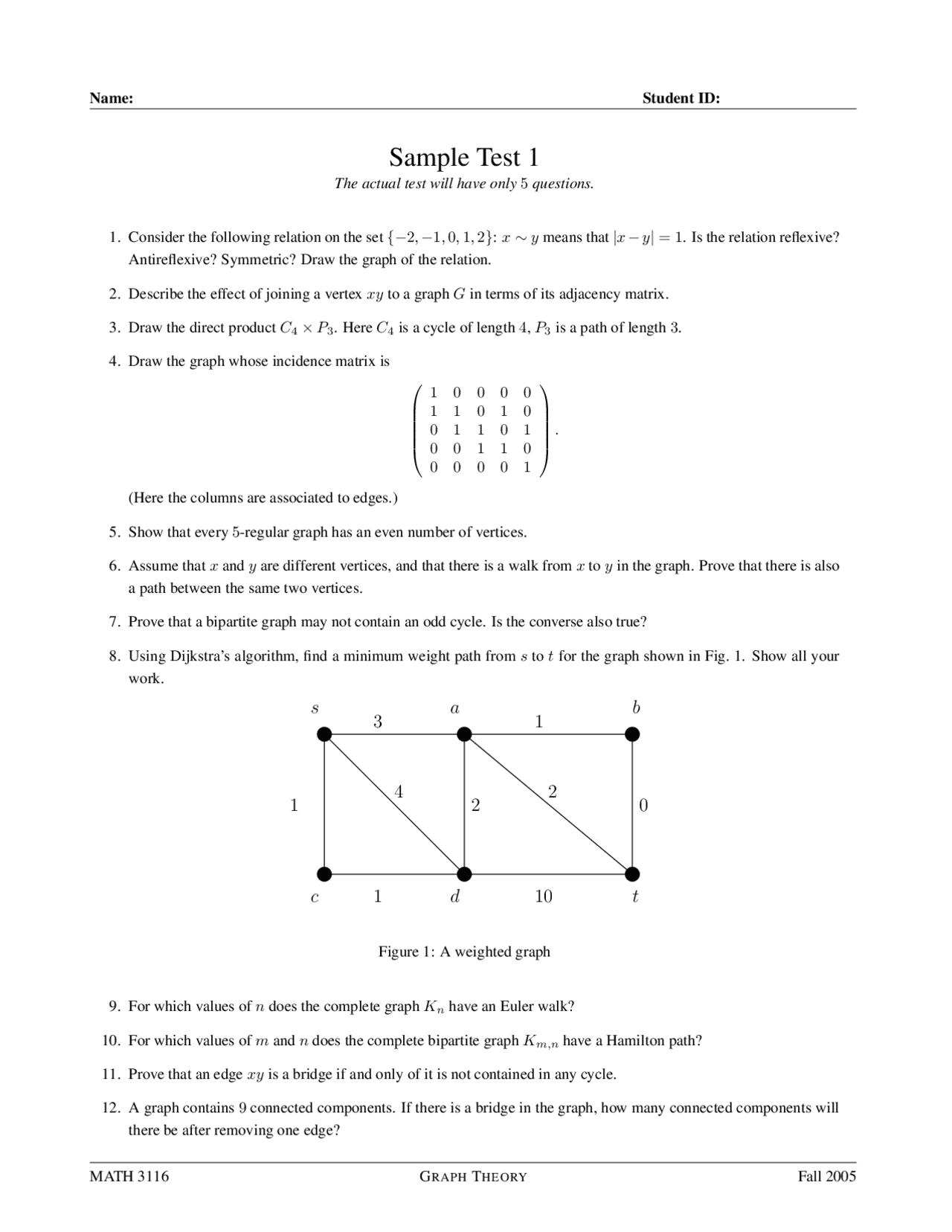 18 Sample Questions on Graph Theory in Mathematics - Test 1 | MATH 3116 ...
