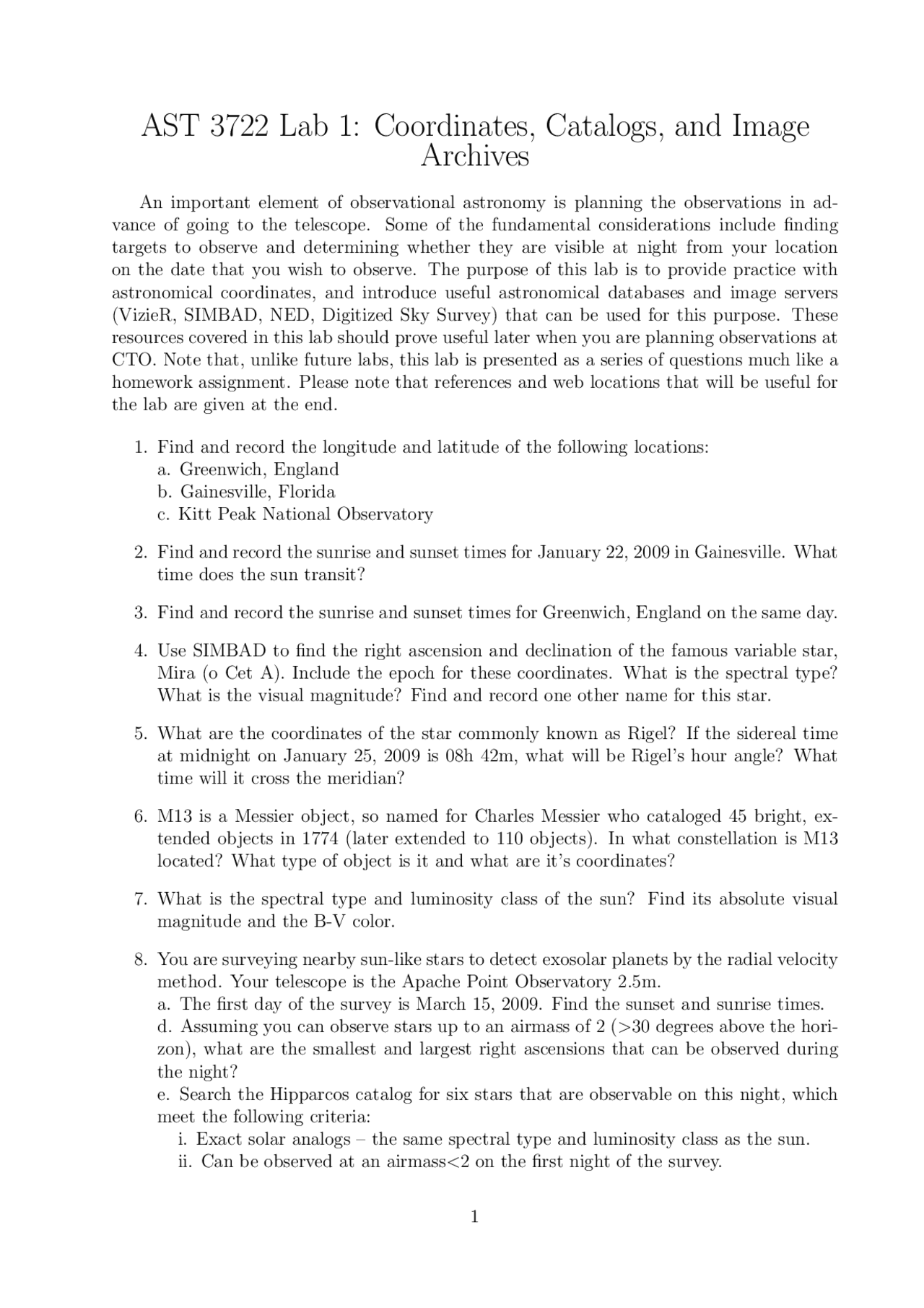 Lab 1 Coordinates, Catalogs and Image Archives AST 3722C Docsity