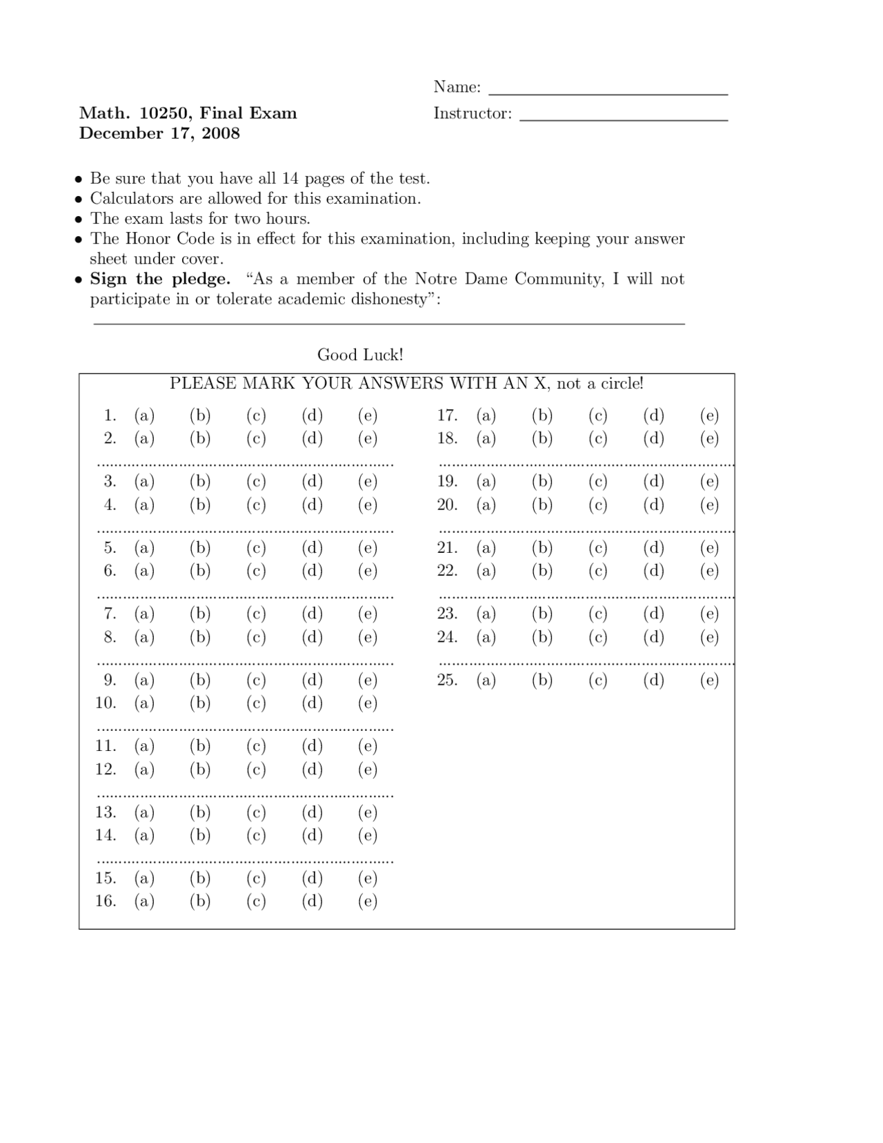 25 Multiple Choice Questions with Key of Elements of Calculus I | MATH ...