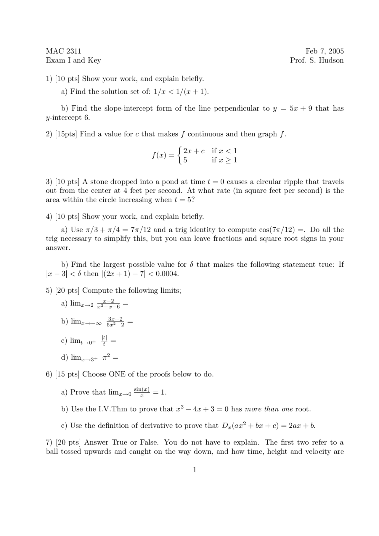 7 Solved Problems on Calculus l - Examination | MAC 2311 - Docsity