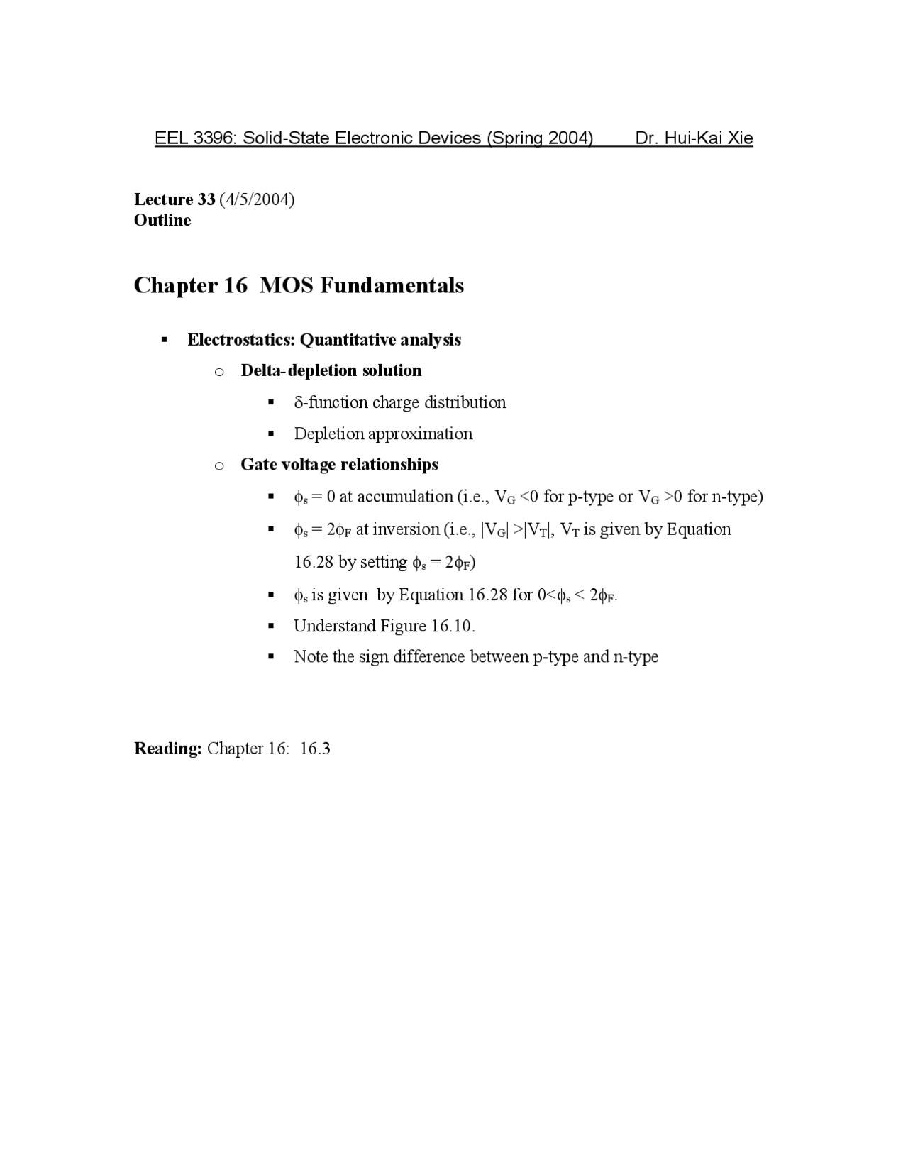 MOS Fundamentals in Solid State Electronic Devices - Study Guide | EEL ...