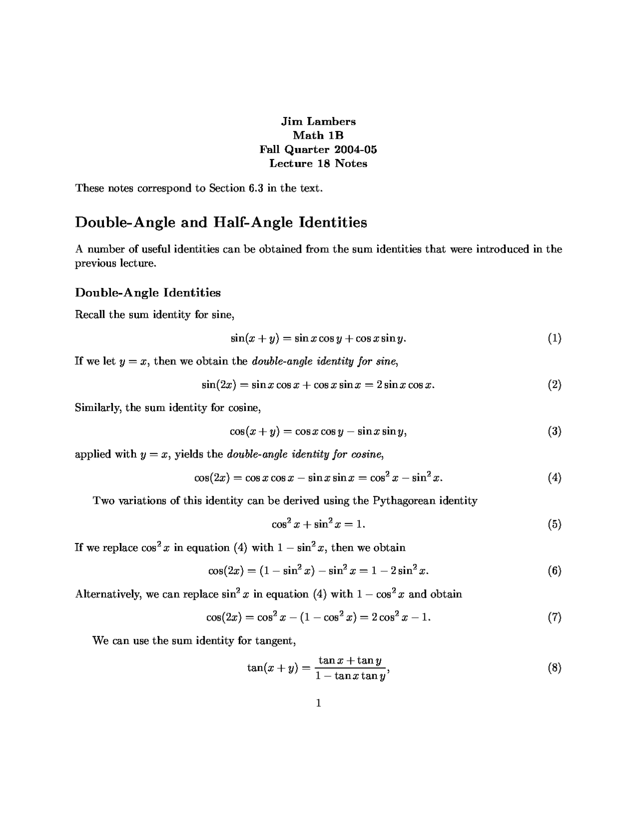 Double Angles Mathematics.pdf Double Angle and Half Angle Identities - Lecture Notes | Math 1B - Docsity