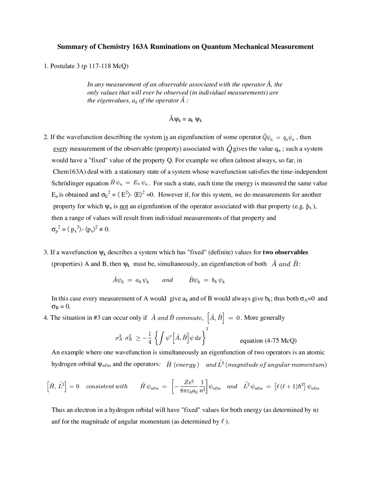 Notes On Ruminations In Quantum Mechanical Measurement Chem 163 Docsity Notes On Ruminations In Quantum Mechanical Measurement Chem 163 Docsity