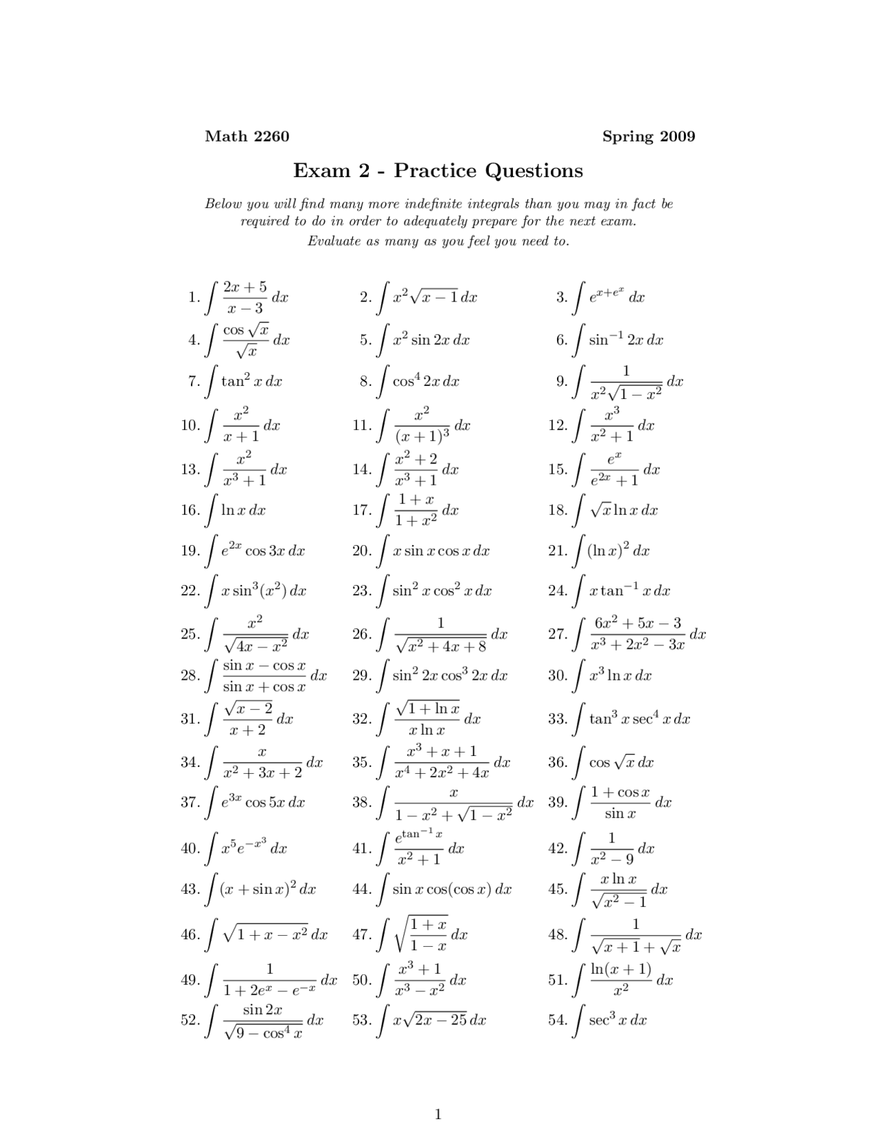 Exam 2 - Practice Questions for Calculus II for Science and Engineering ...