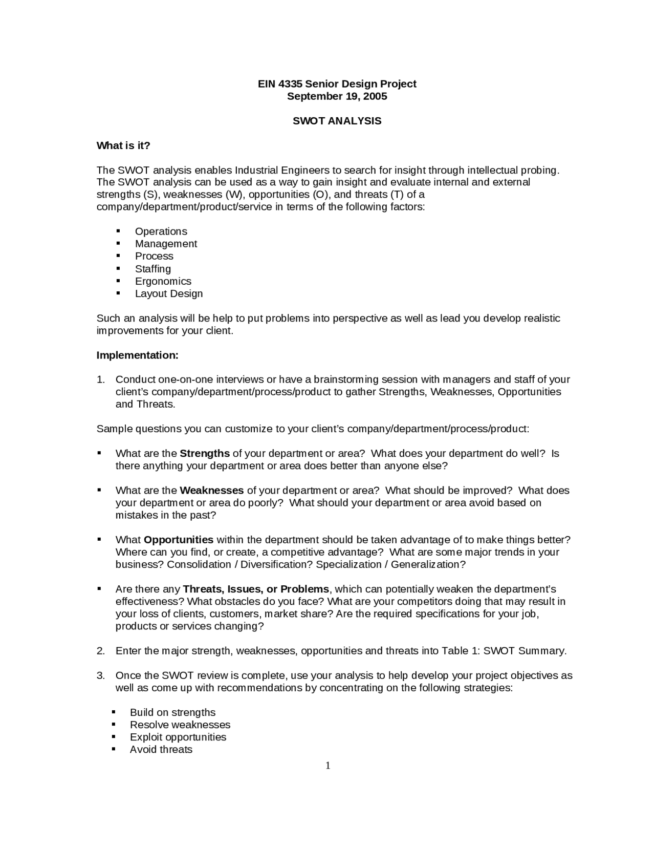 SWOT Analysis - Senior Design Project | EIN 4335 | Study Guides ...