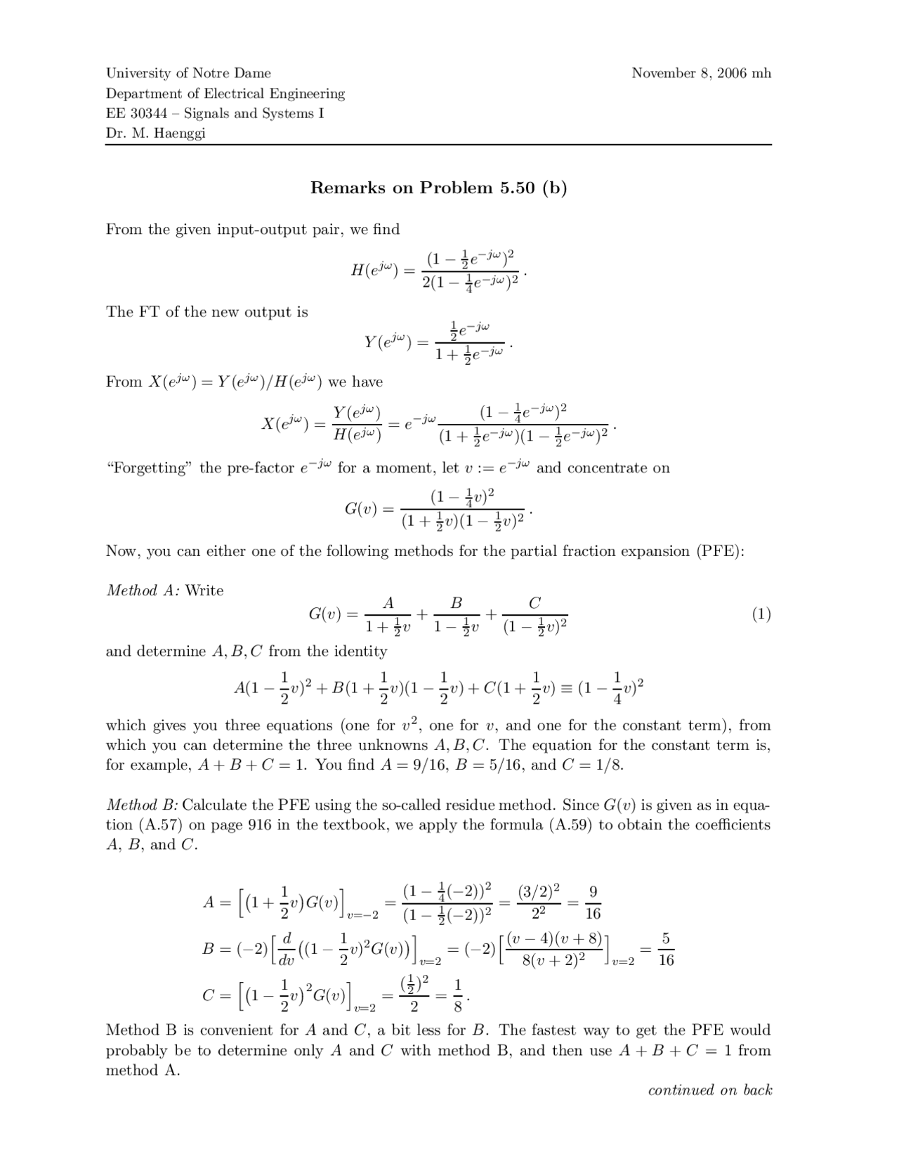 Remarks on Problem 5.50 - Signals and Systems I | EE 30344 ...