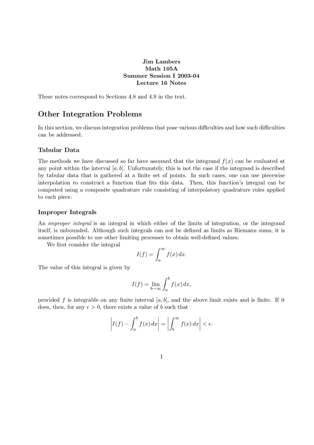 Lecture Notes on Tabular Data, Improper Integrals | Math 105 - Docsity