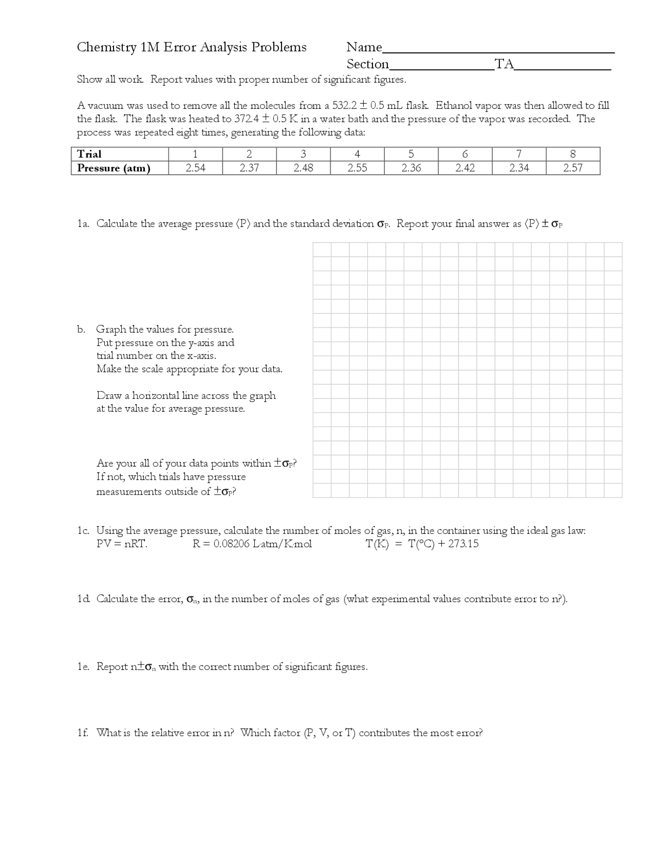 Chemistry I Error Analysis Problems - General Chemistry | CHEM 1 - Docsity