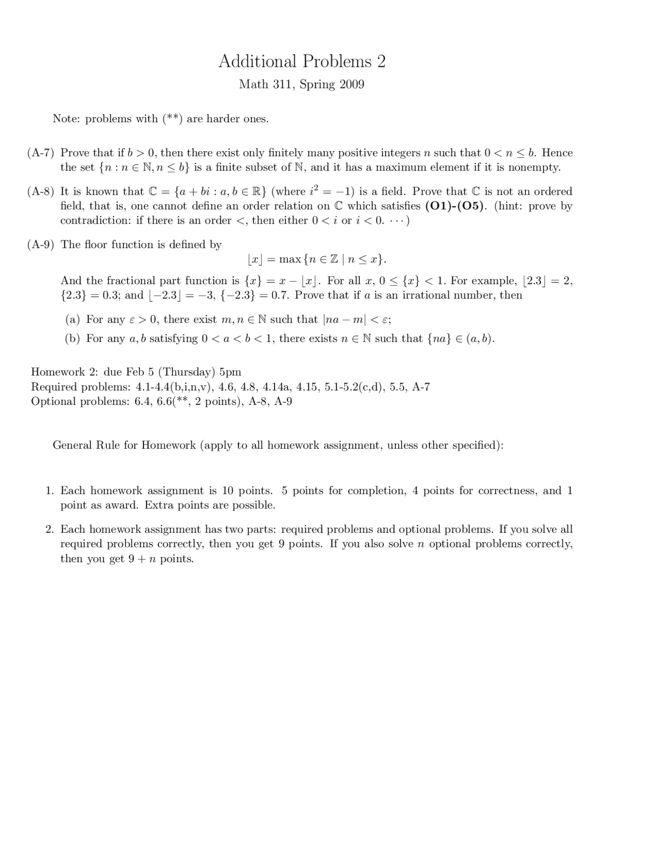 Problem Set 2 - Elementary Analysis | MATH 311 - Docsity