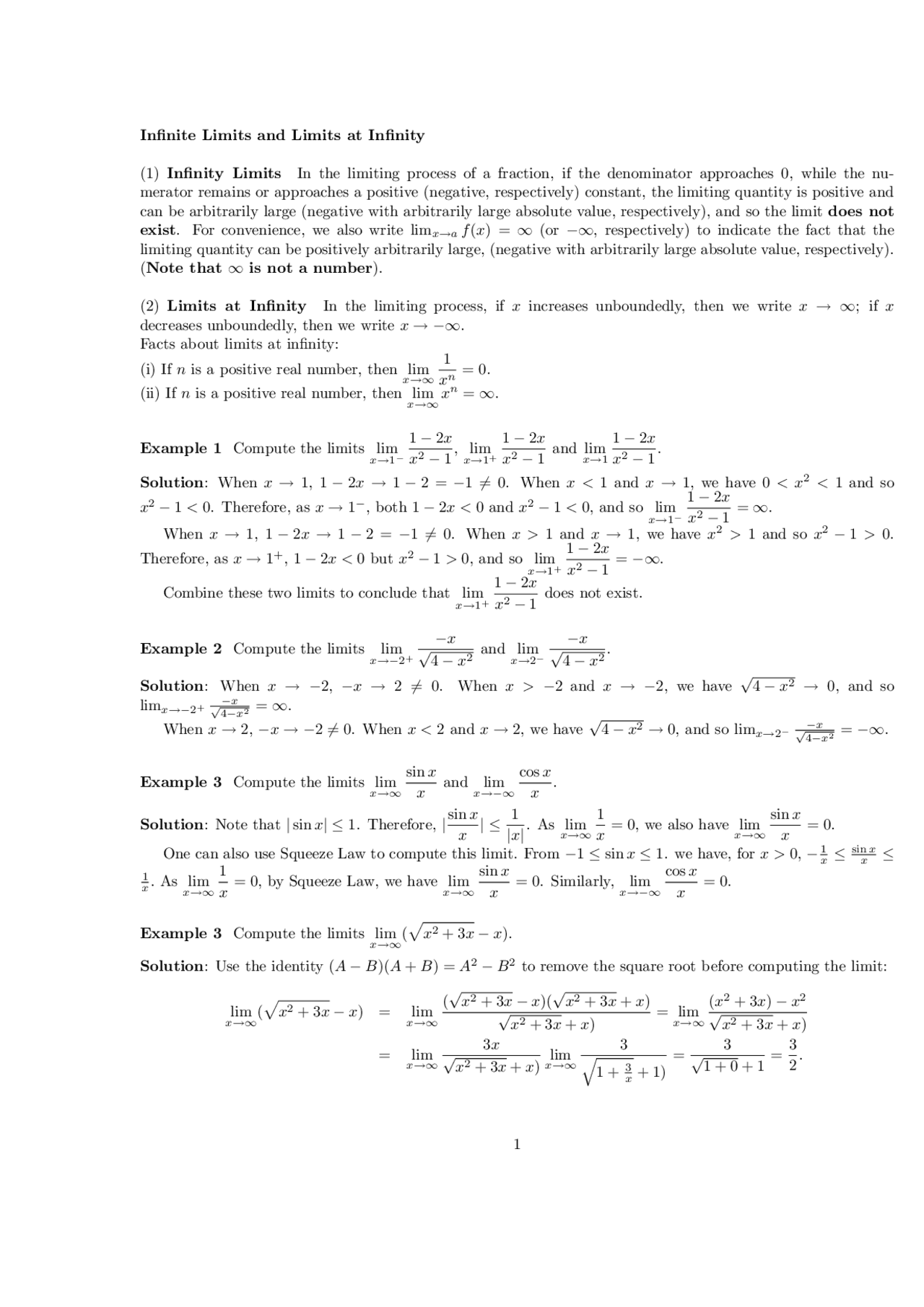 Infinite Limits and Limits At Infinity - Lecture Notes - Calculus 1 ...