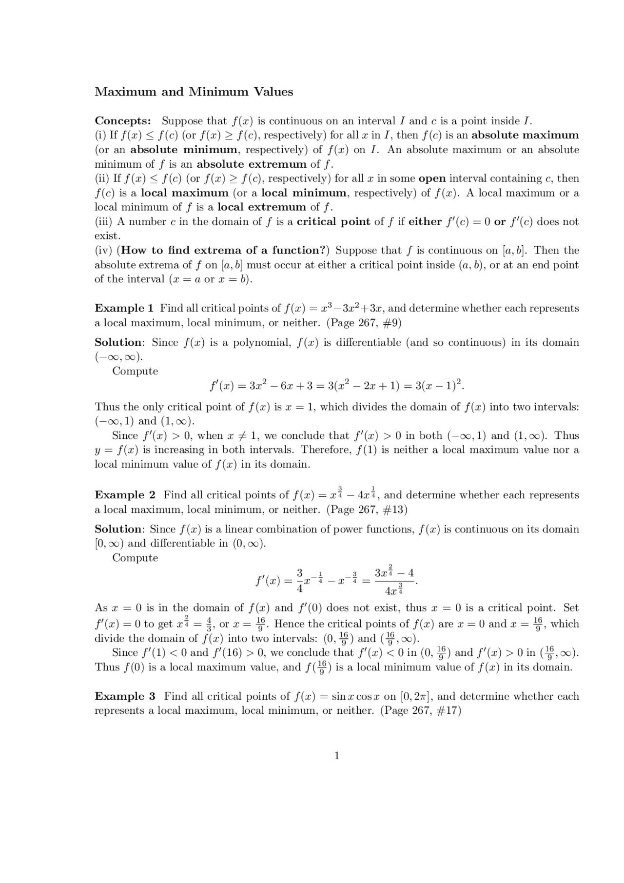 Maximum and Minimum Values with Examples in Calculus 1 - Study Guide ...