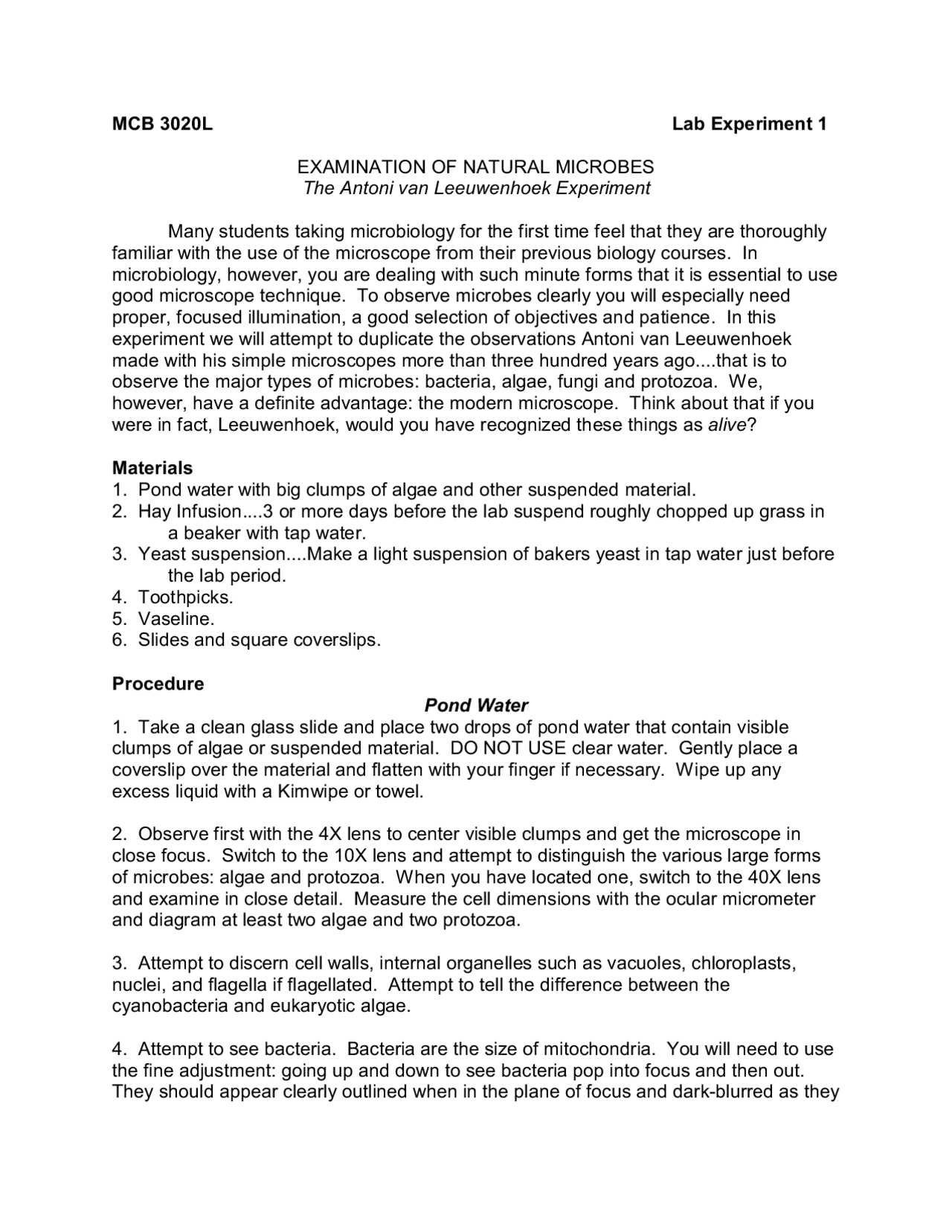 Examination of Natural Microbes Antoni van Leeuwenhoek Experiment