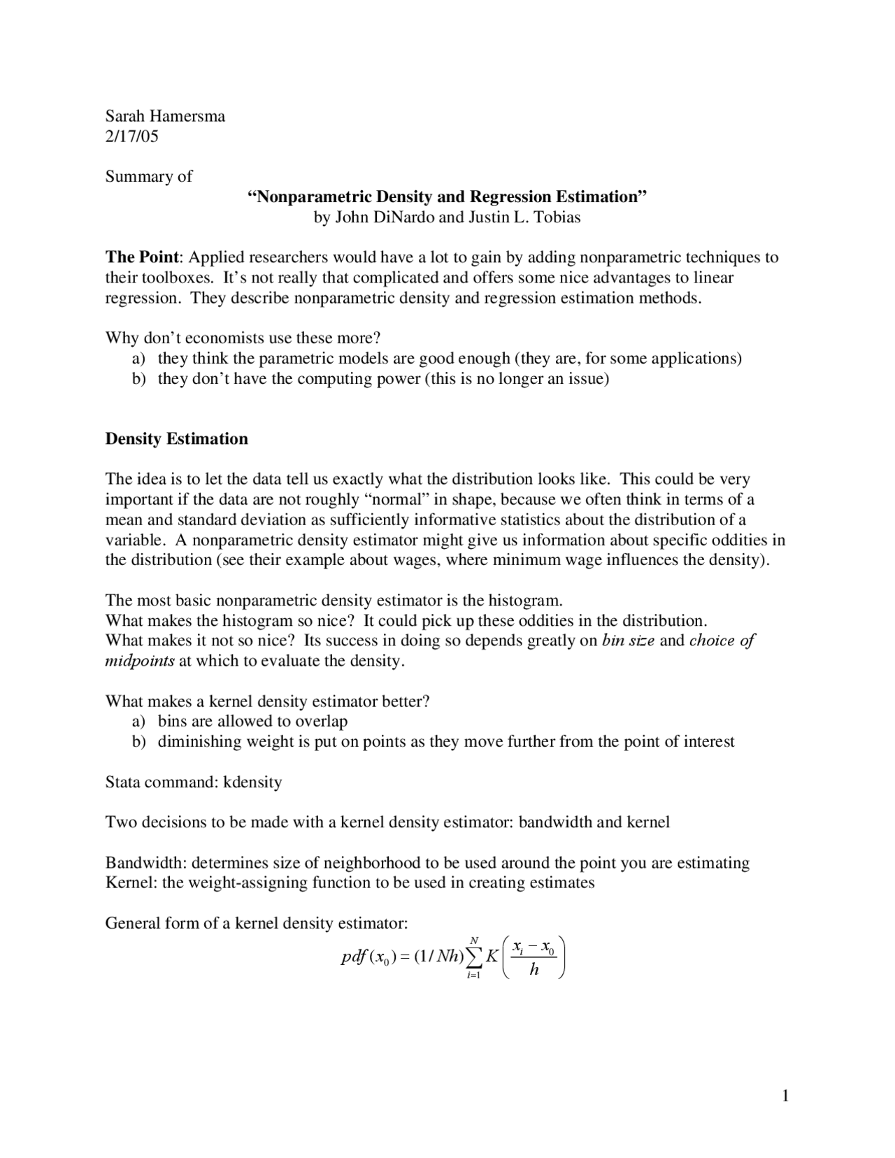 Nonparametric Density and Regression Estimation - Econometric Methods 2 ...