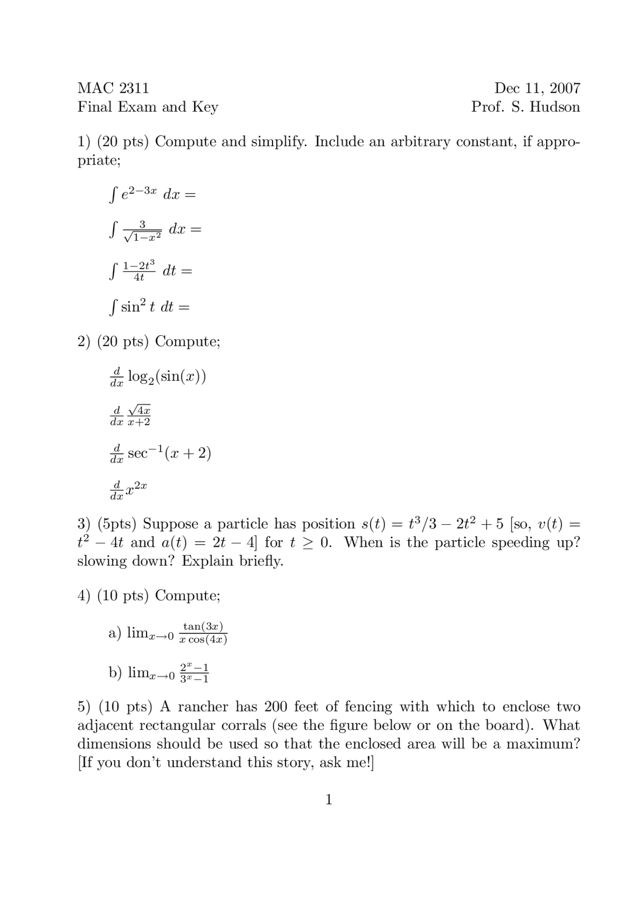 9 Questions on Arbitrary Constant - Examination | MAC 2311 - Docsity