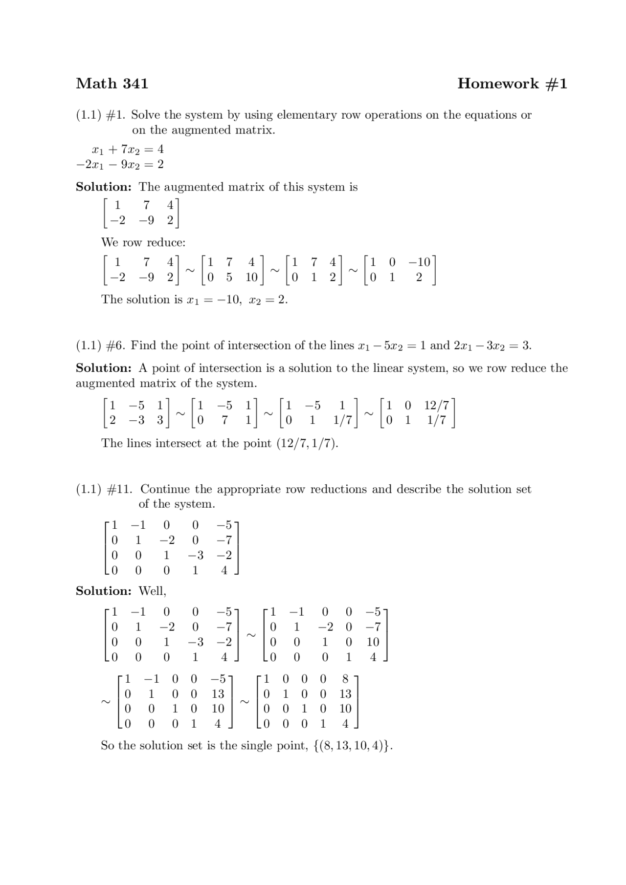 Homework 1 Solutions Elements Linear Algebra Math 341 Docsity Homework 1 Solutions Elements Linear Algebra Math 341 Docsity