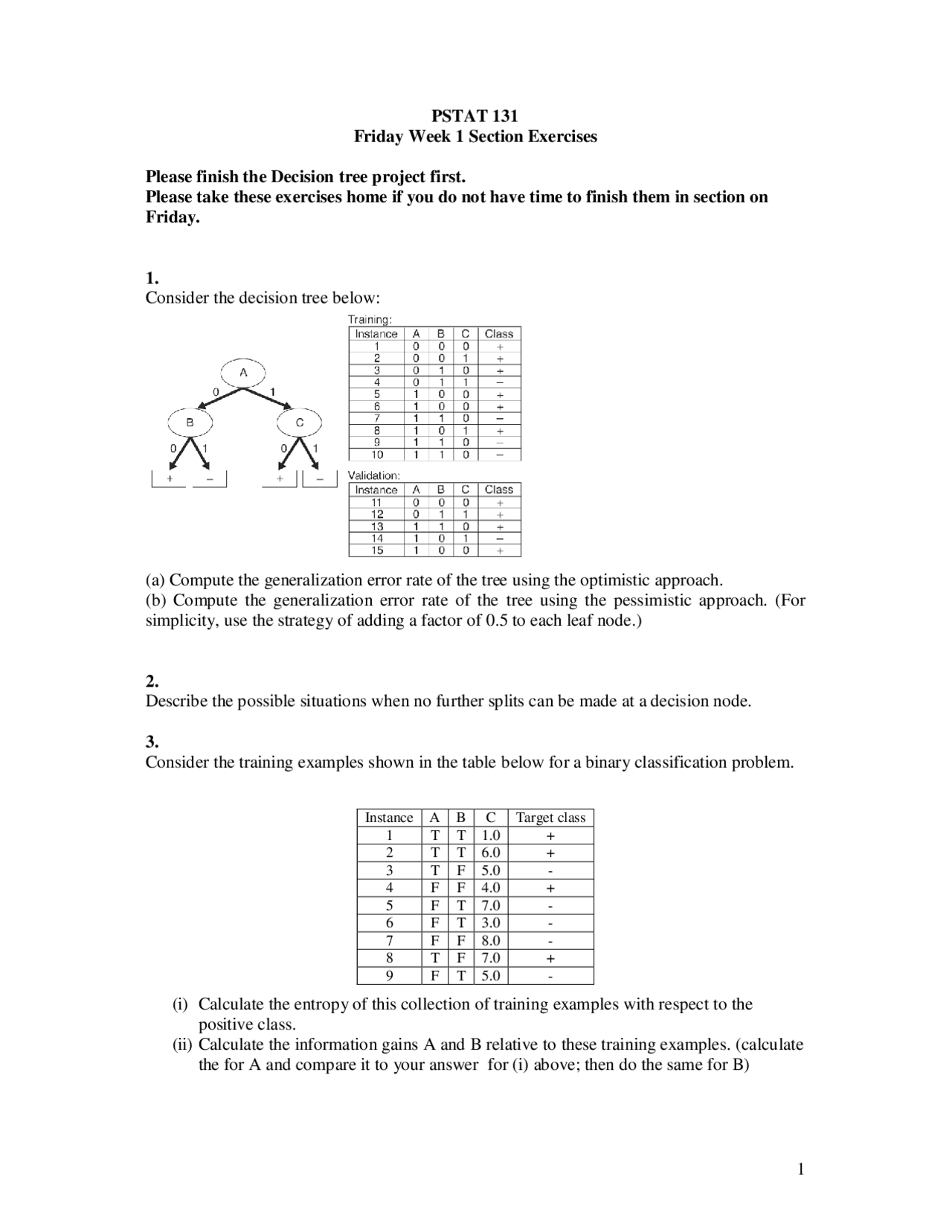 Pstat Training Calculate the Entropy of Collection of training Examples - Assignment ...