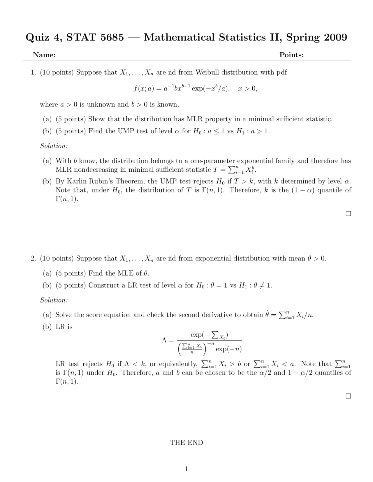 Quiz 4 for Mathematical Statistics II | STAT 5685 - Docsity