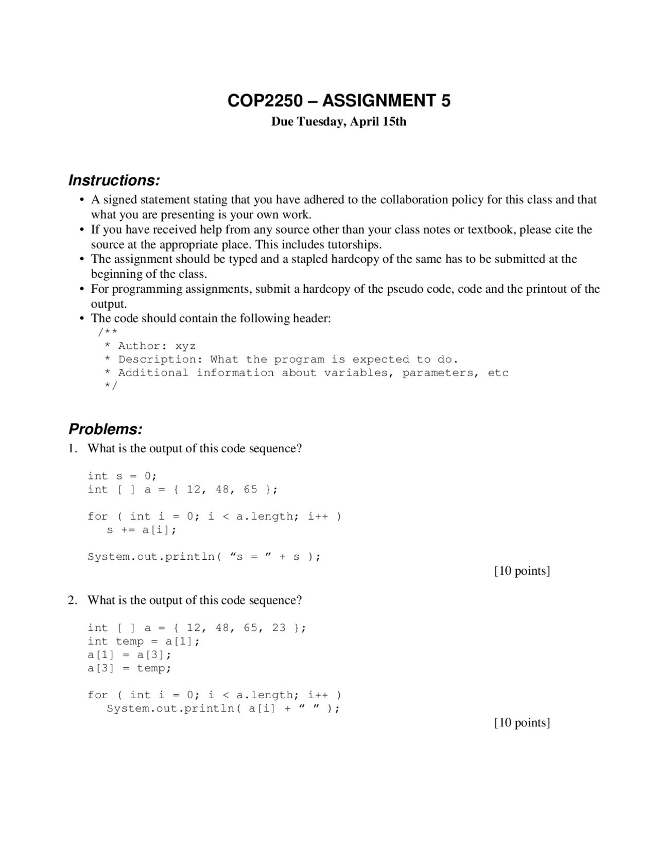5 Problems for Assignment 5 - Java Programming | COP 2250 - Docsity