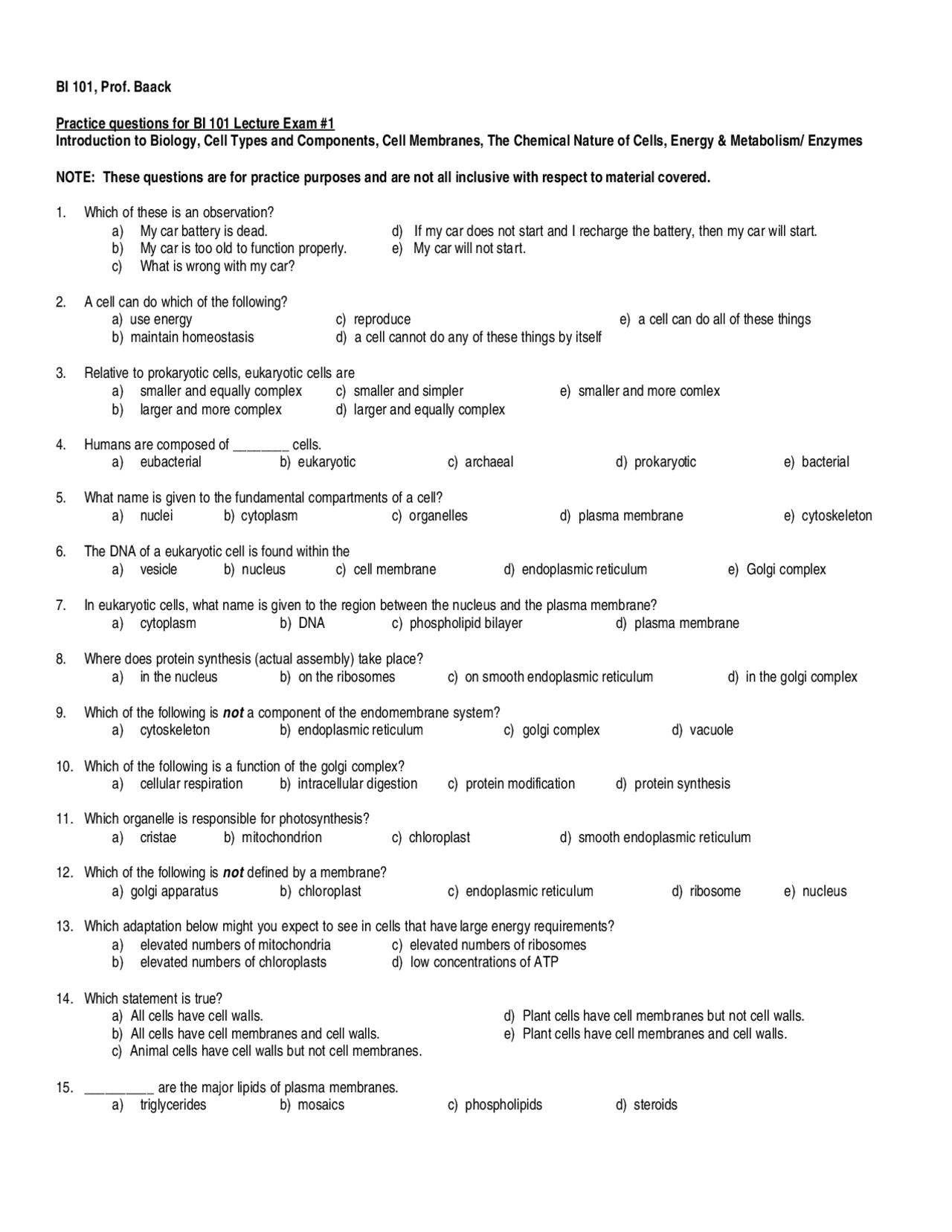 Practice Questions for Examination 1 - General Biology | BI 101 - Docsity