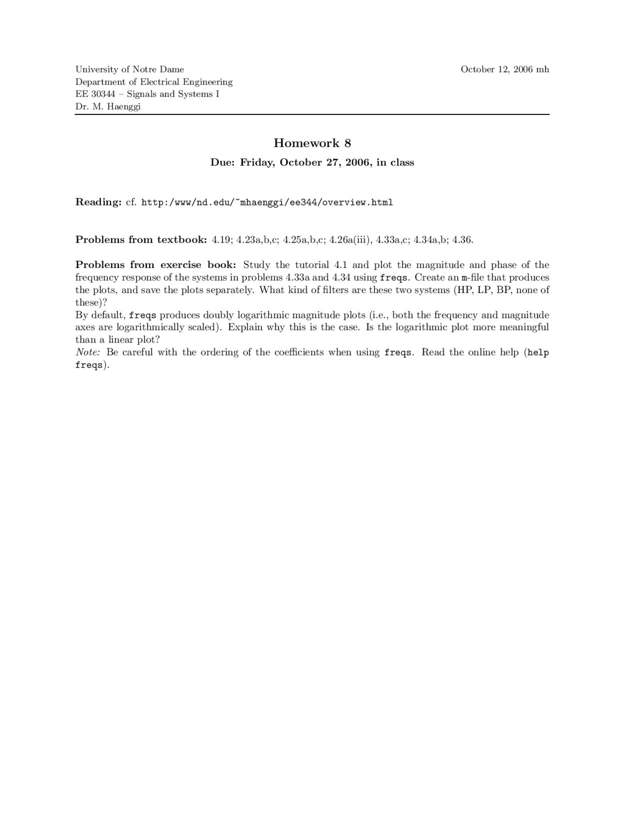 EE 30344 - Signals and Systems I Homework 8 for EE Students at ...