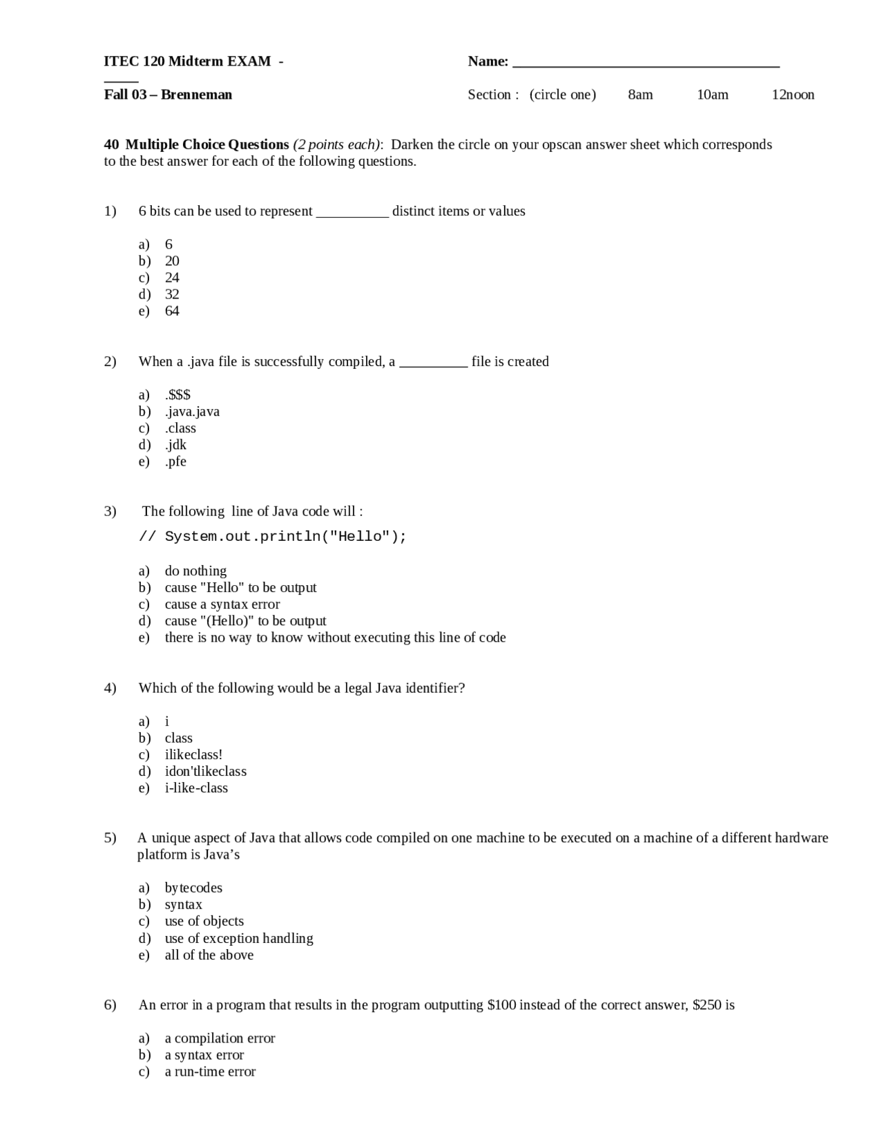Midterm Exam for Principles of Computer Science I | ITEC 120 | Exams ...