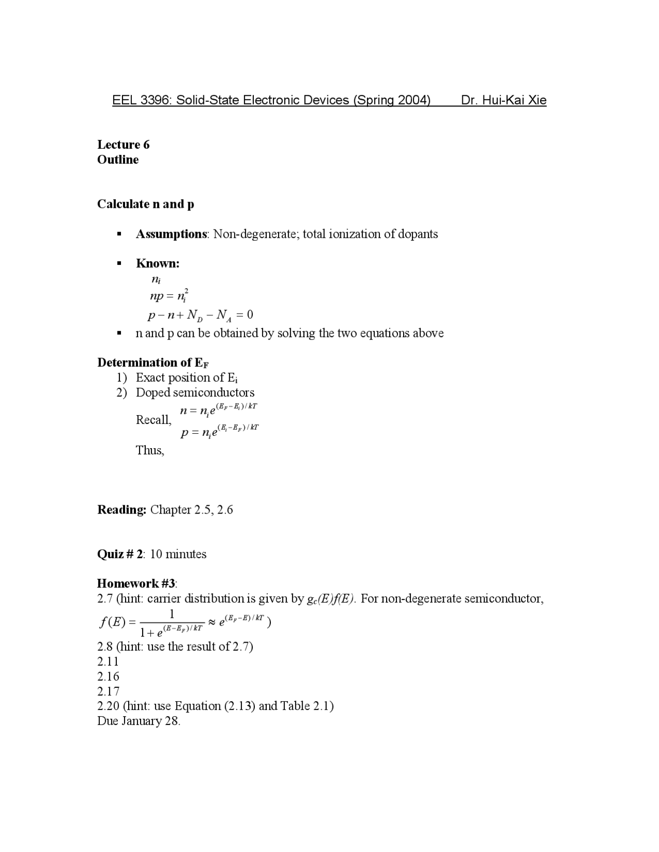 Solid State Electronic Devices - Lecture Outlines | EEL 3396 | Quizzes ...